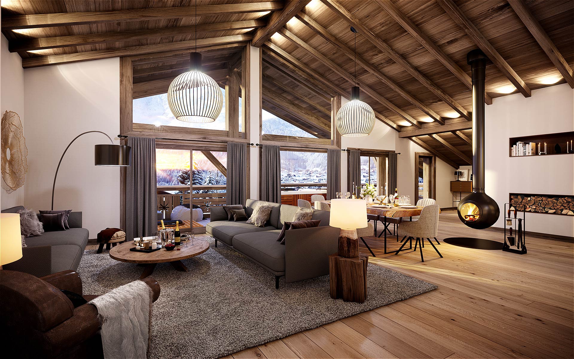 3D interior render of a luxury chalet apartment