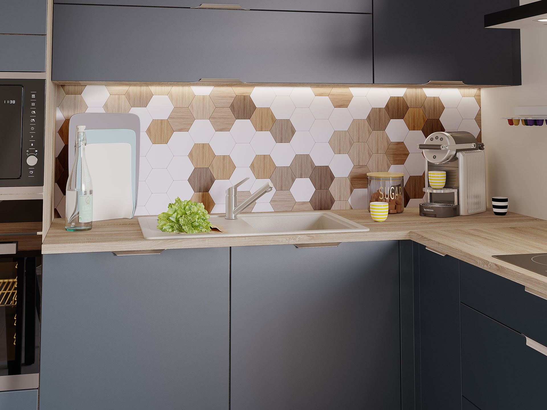 Sink corner of a modern black and wood kitchen in 3D