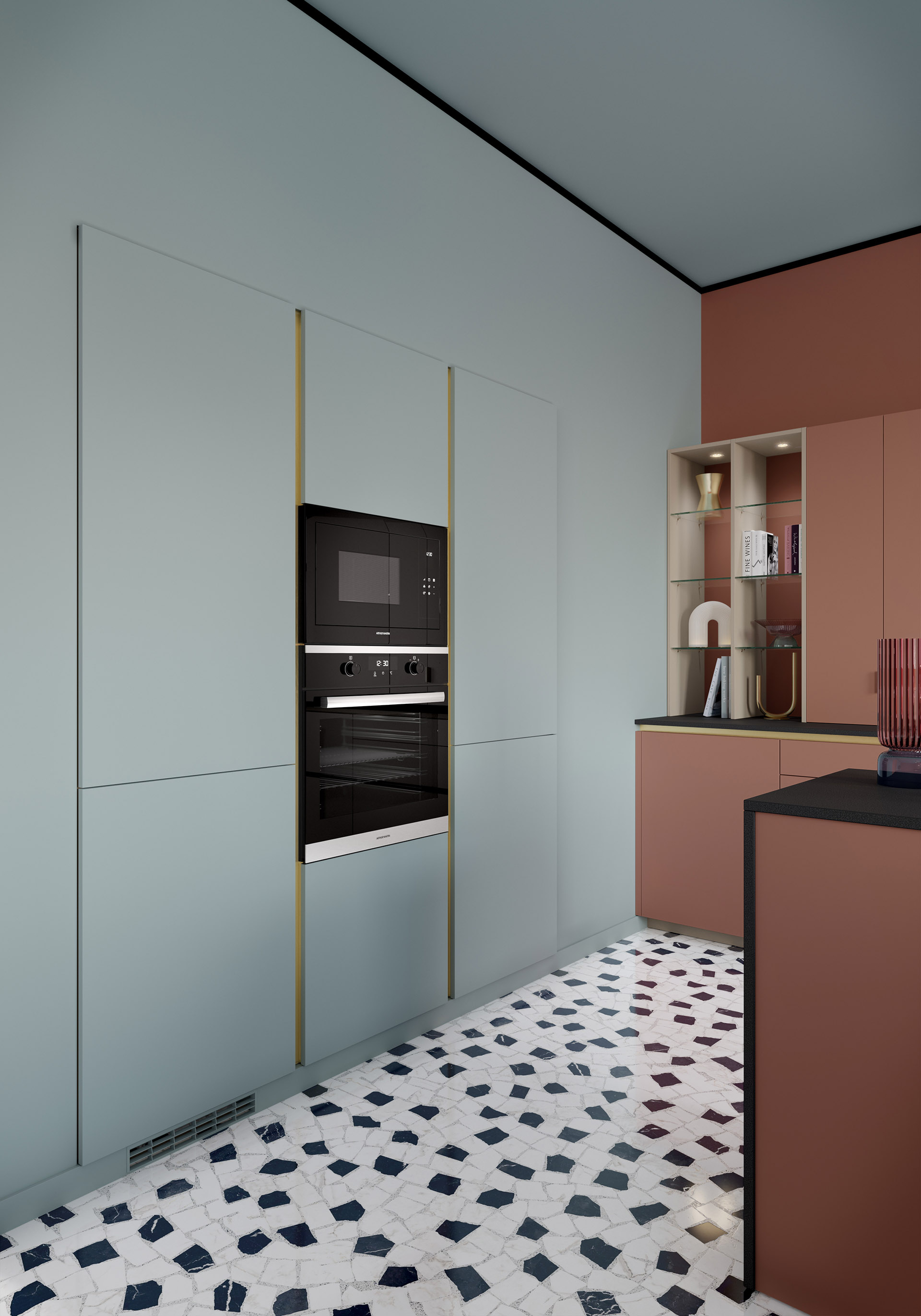 3D architectural visualization of the interior of a modern kitchen with its storage space 