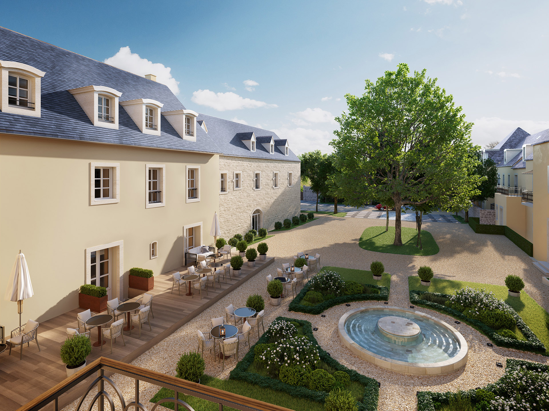 3D representation of the gardens and exterior of a castle 