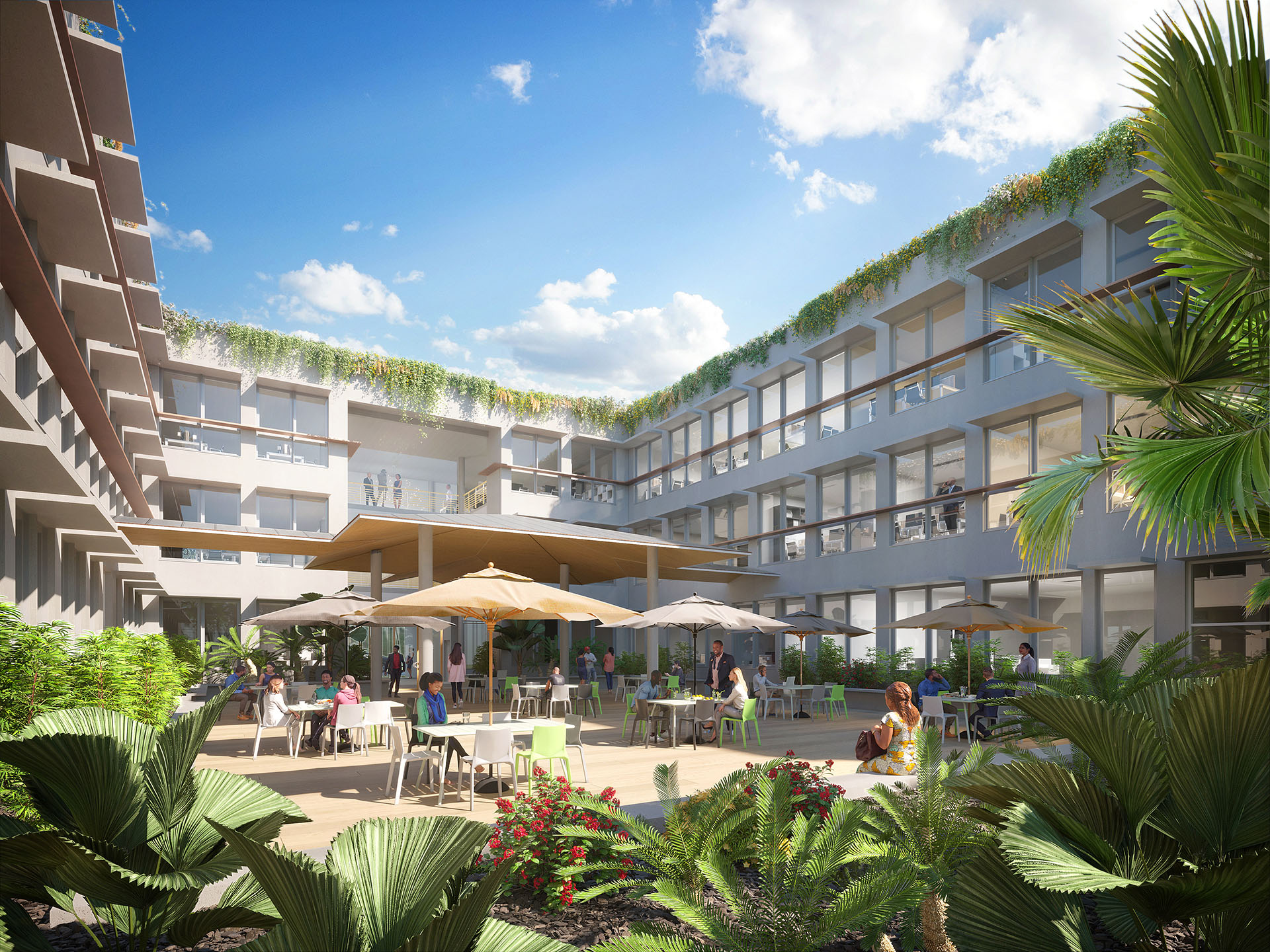 3D realistic photo image of a company's interior courtyard used as a relaxation area