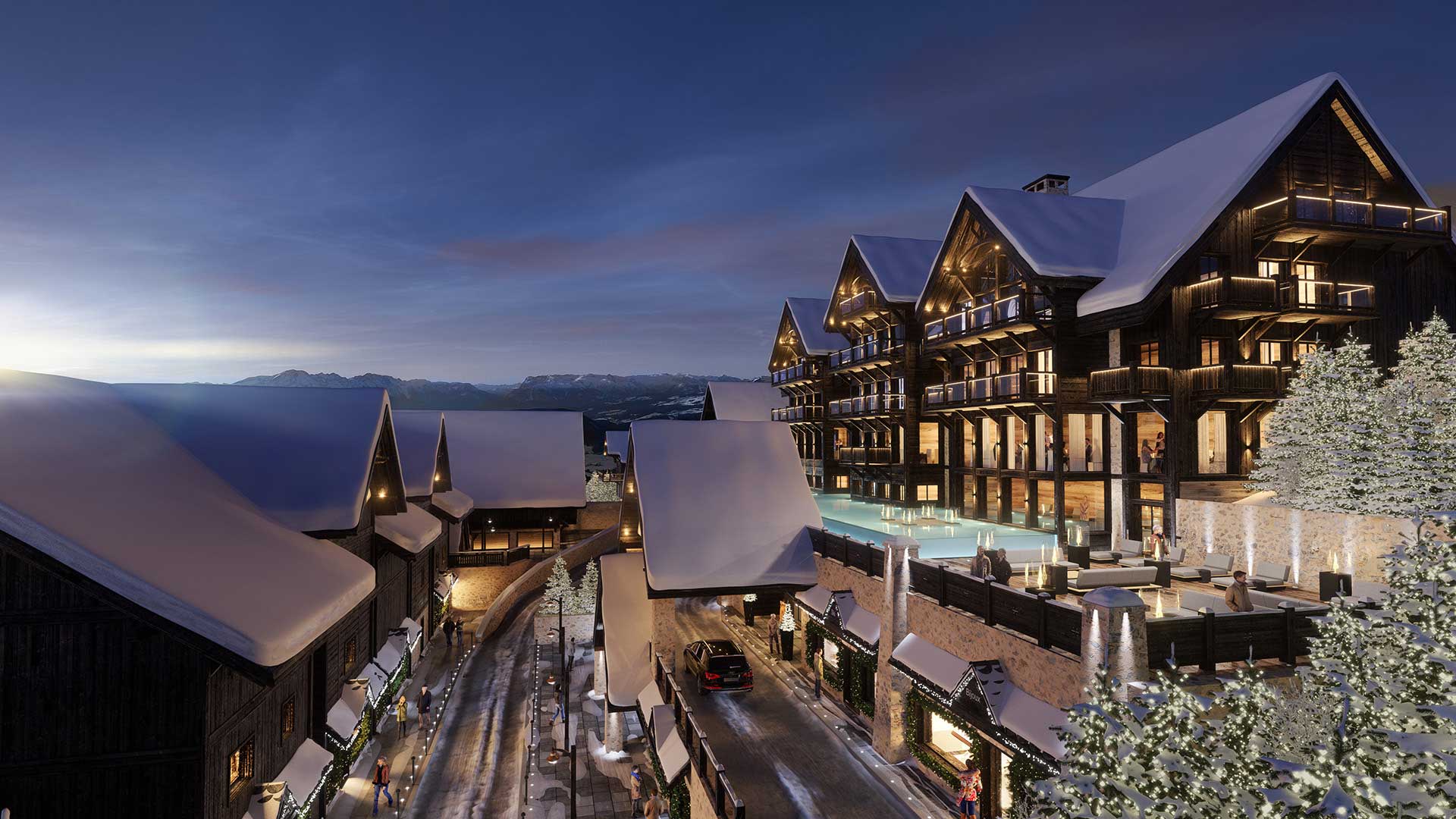 Création d'une station de ski en 3D (perspective en image de synthèse)