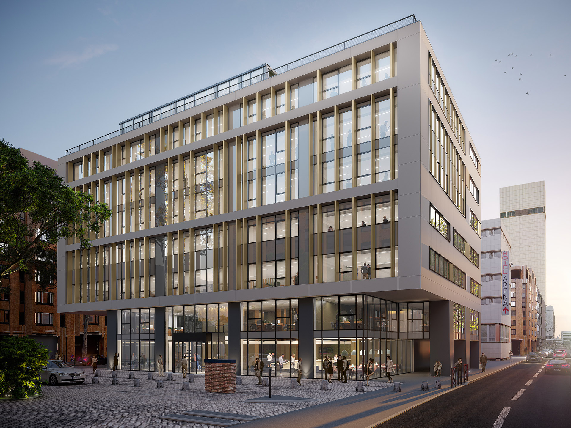 Vue extérieure 3D d'un immeuble de bureaux intégré dans la ville
