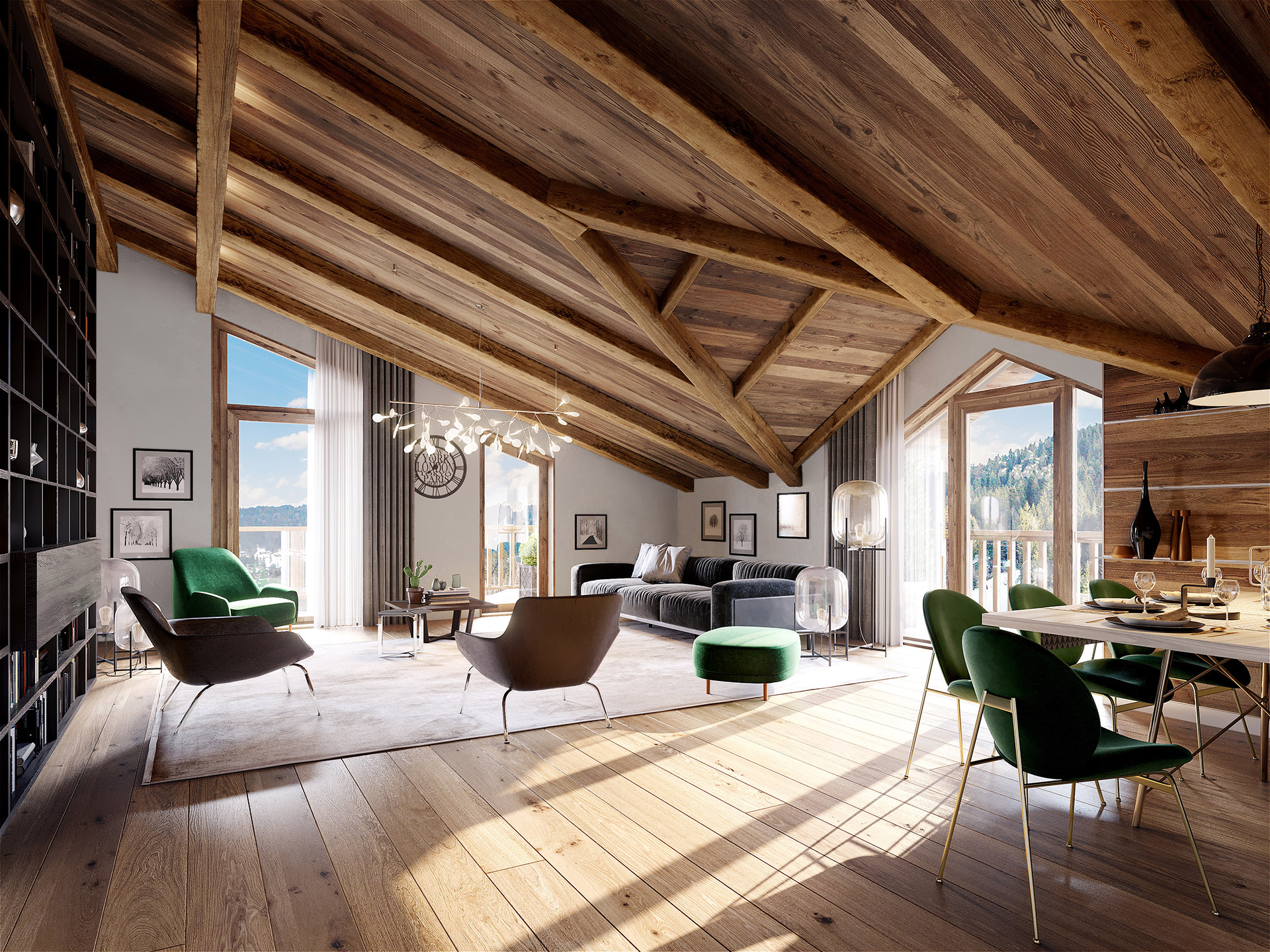 Image 3D d'un salon et salle à manger dans un chalet luxueux