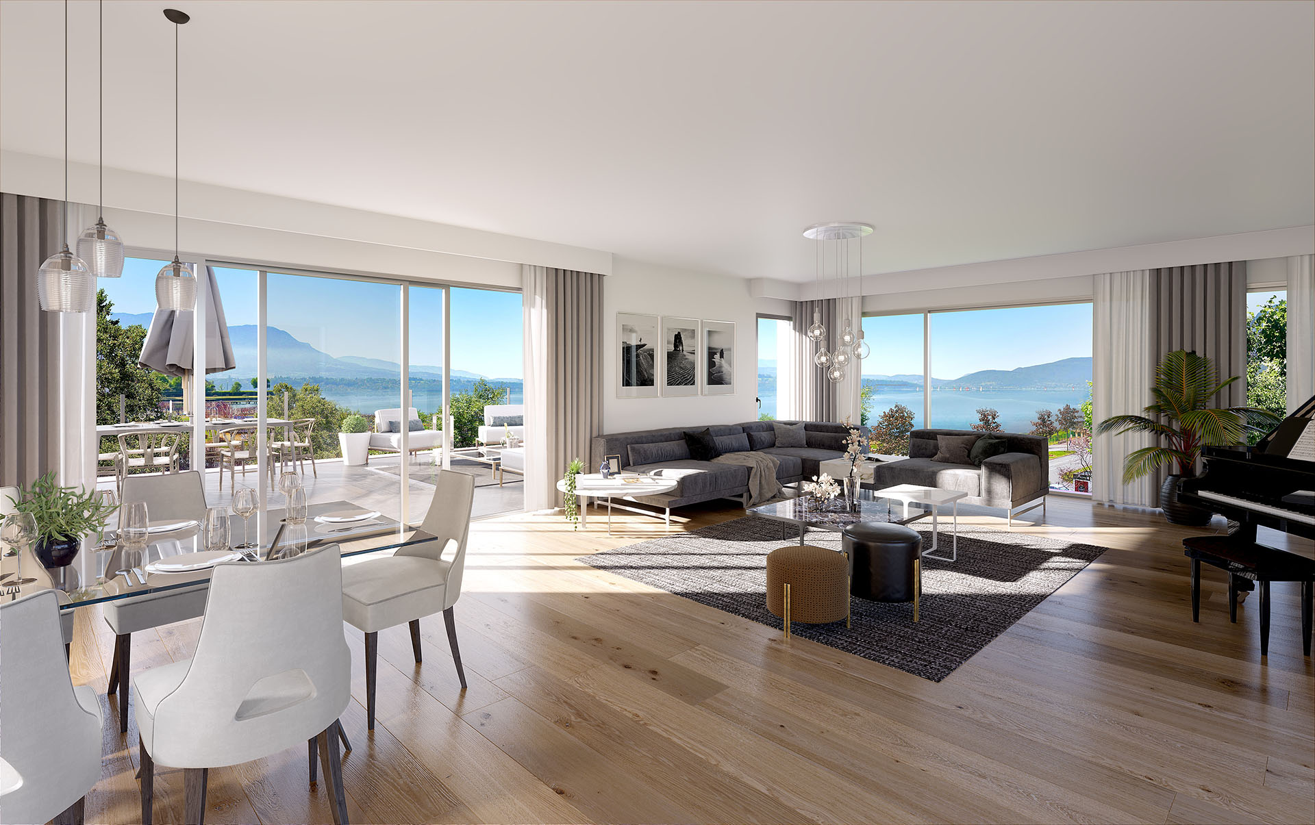 Image de synthèse 3D d'un appartement avec vue sur la mer