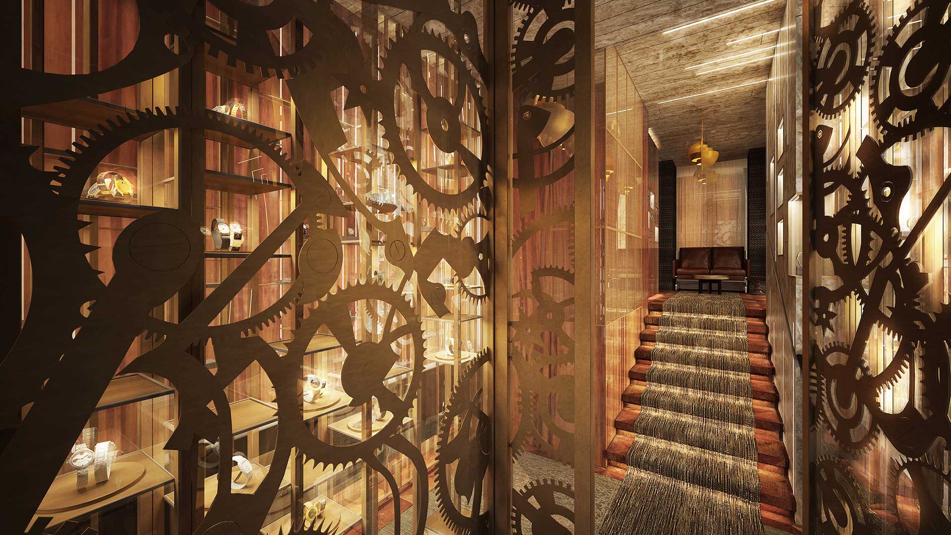 3D Computer generated images of a watch store. Valentin Studio, your agency of 3D architects in Lyon.