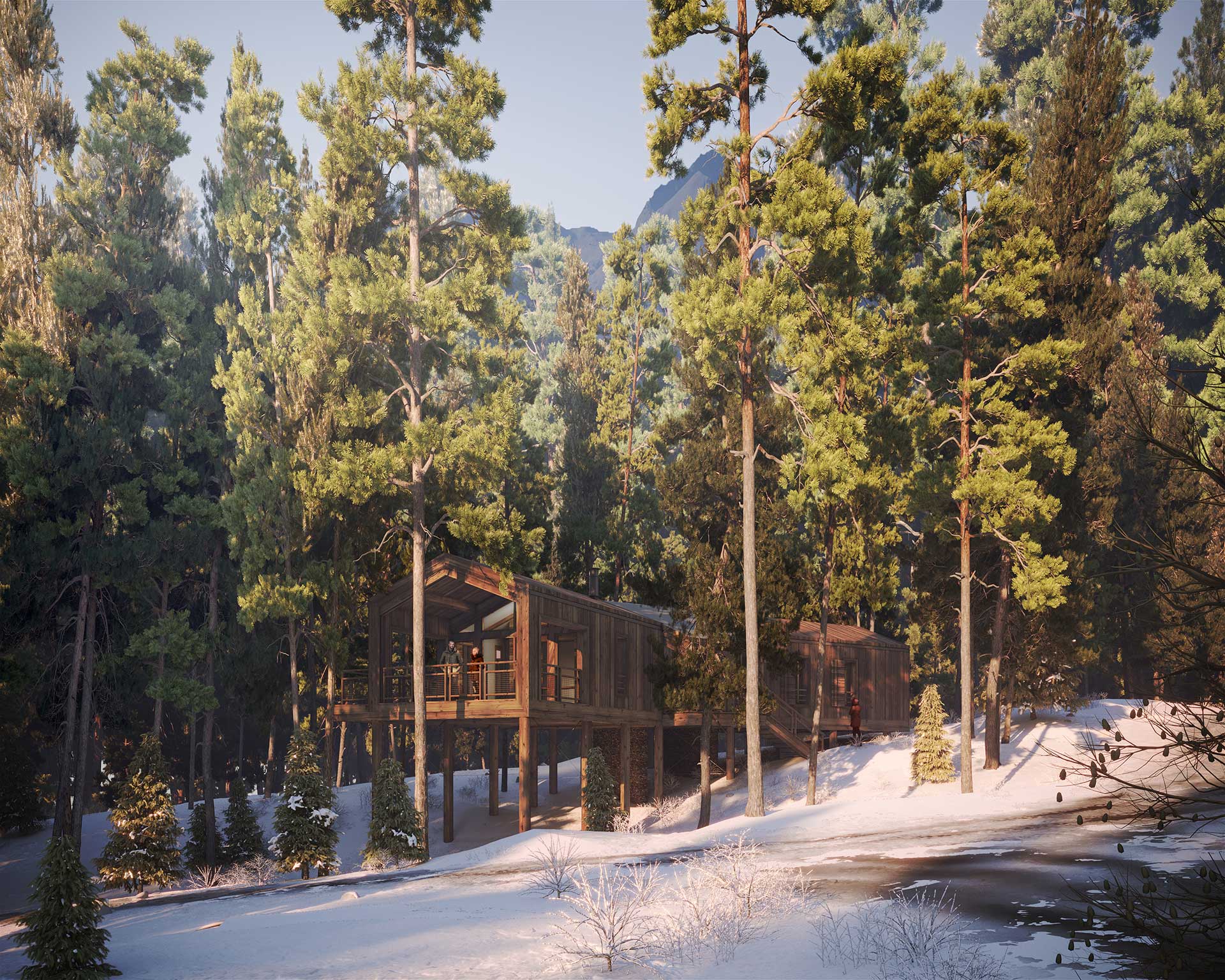 Image de synthèse de cabanes en 3D dans une forêt enneigée