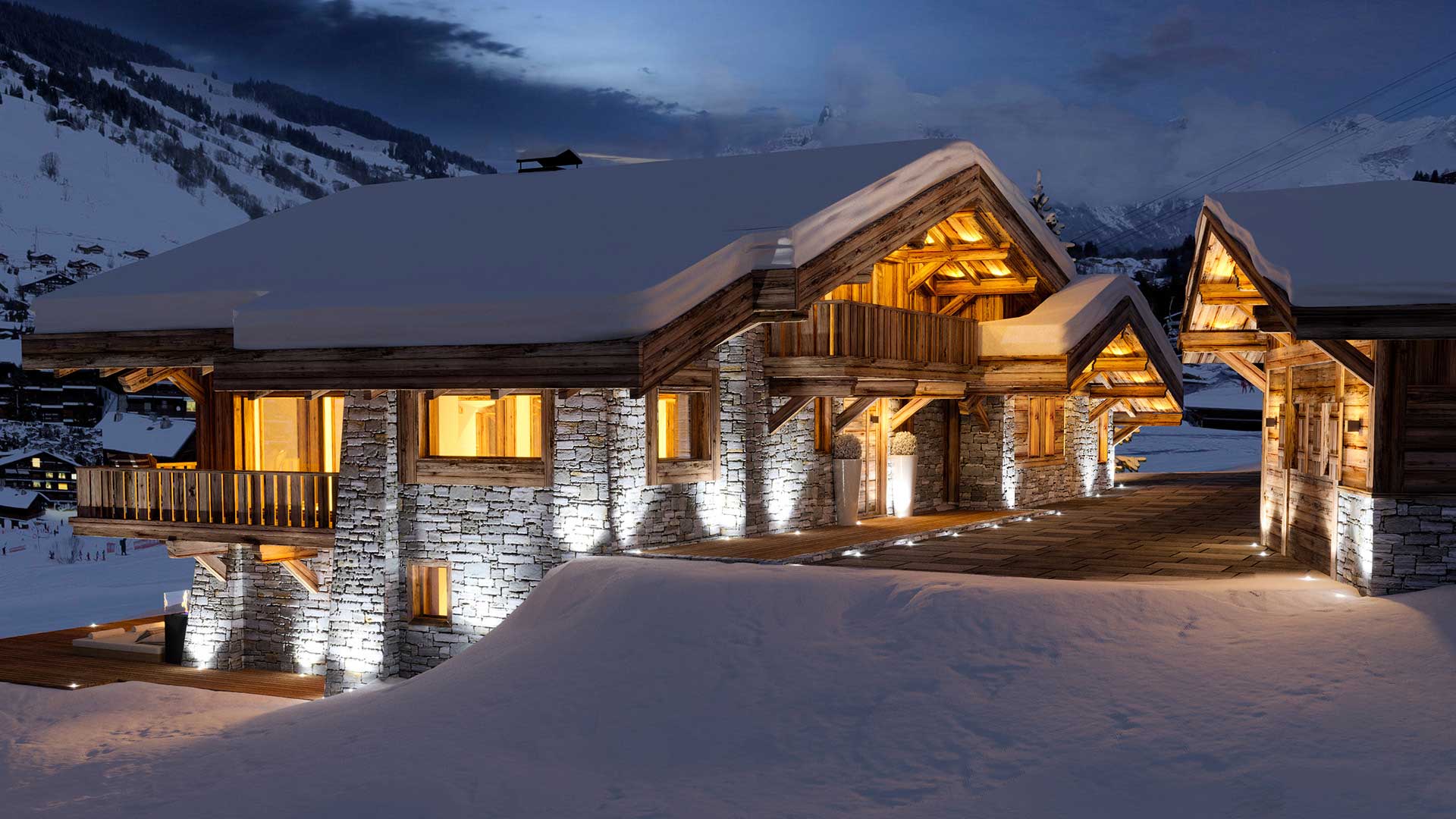 3D Rendering of a view of a chalet in the mountains at night made from computer generated images.