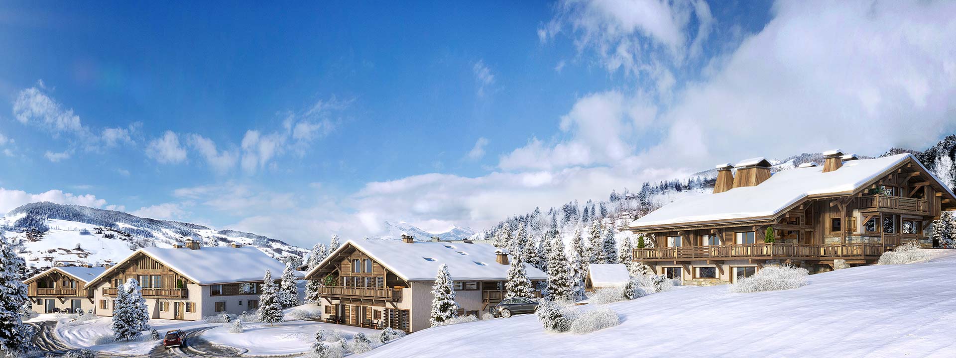 Représentation 3D d'un collecitf de chalets à Megève dans un paysage enneigé