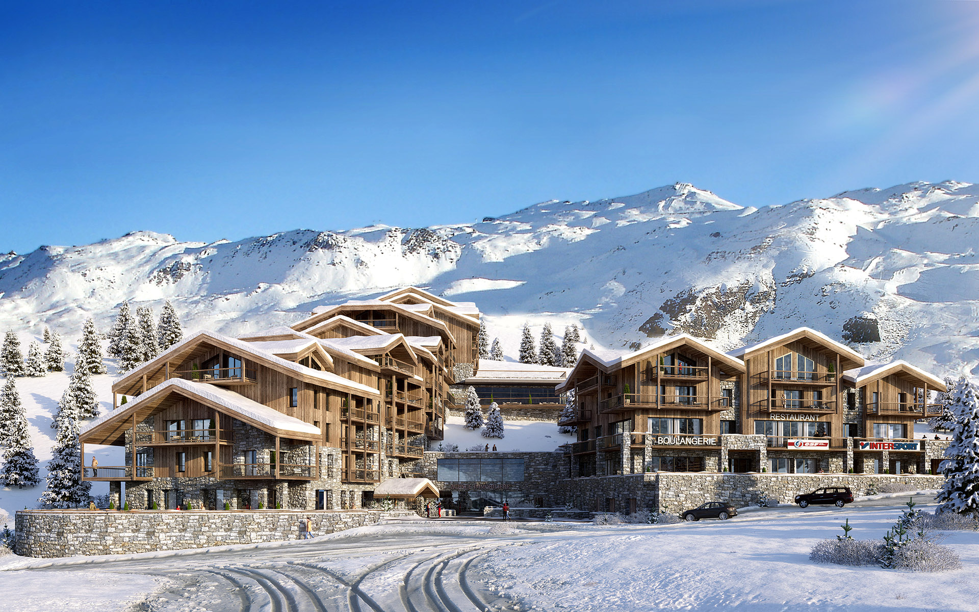 Création 3D d'un ensemble d'immeubles type chalet dans la montagne enneigée 