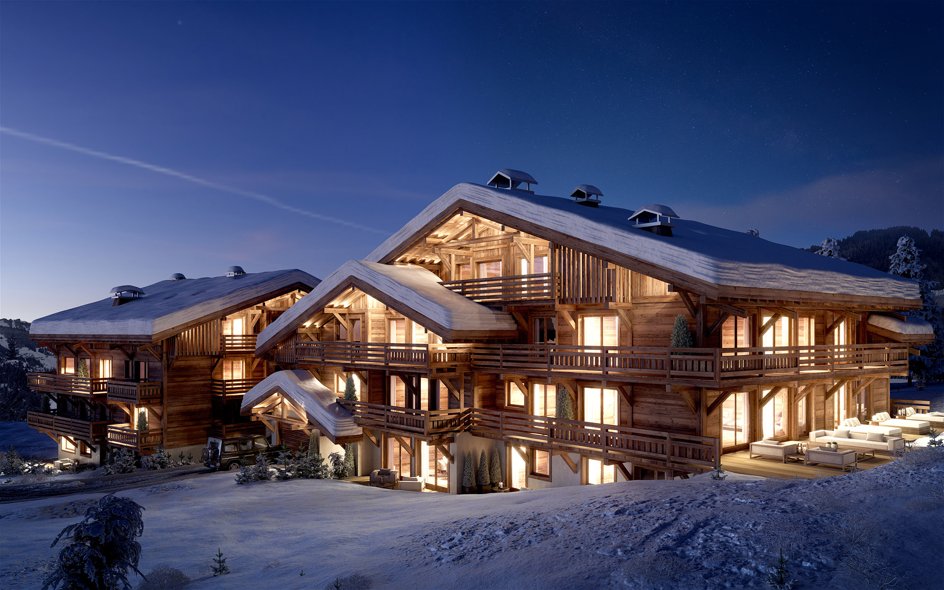 Infographie 3D d'un chalet, dans la montagne, en hiver et de nuit. 