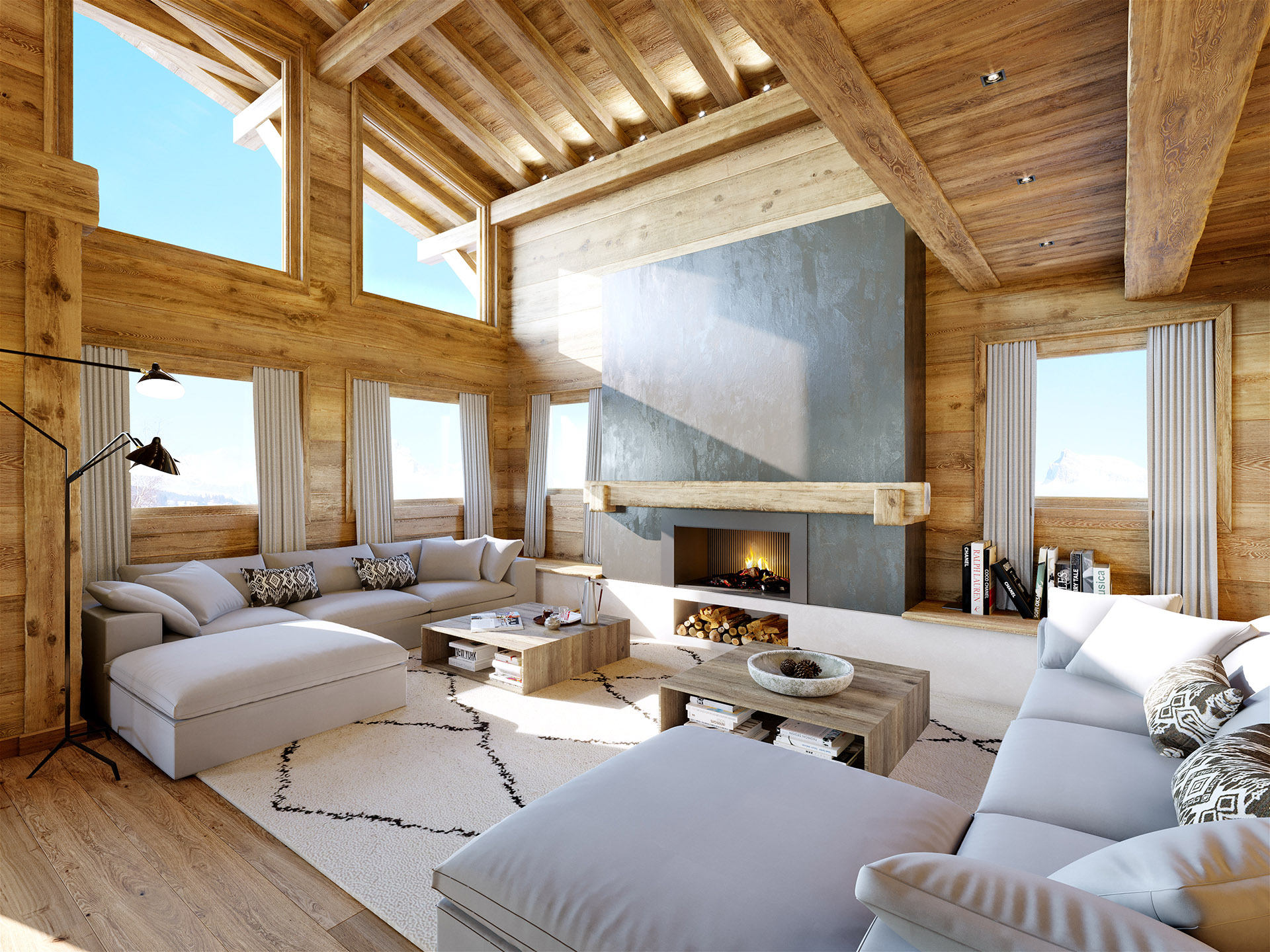 Perspective 3D d'un salon moderne dans un chalet de Tignes