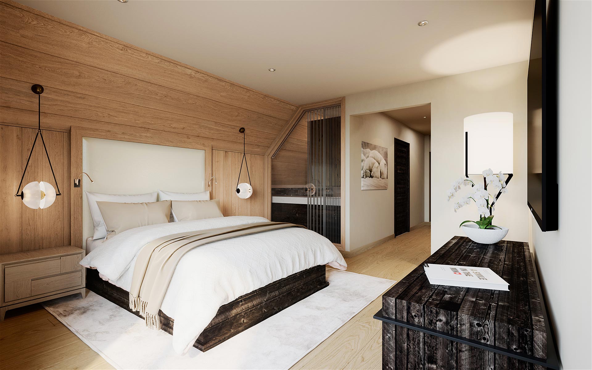 Image de synthèse 3D d'une chambre de chalet à Samoens