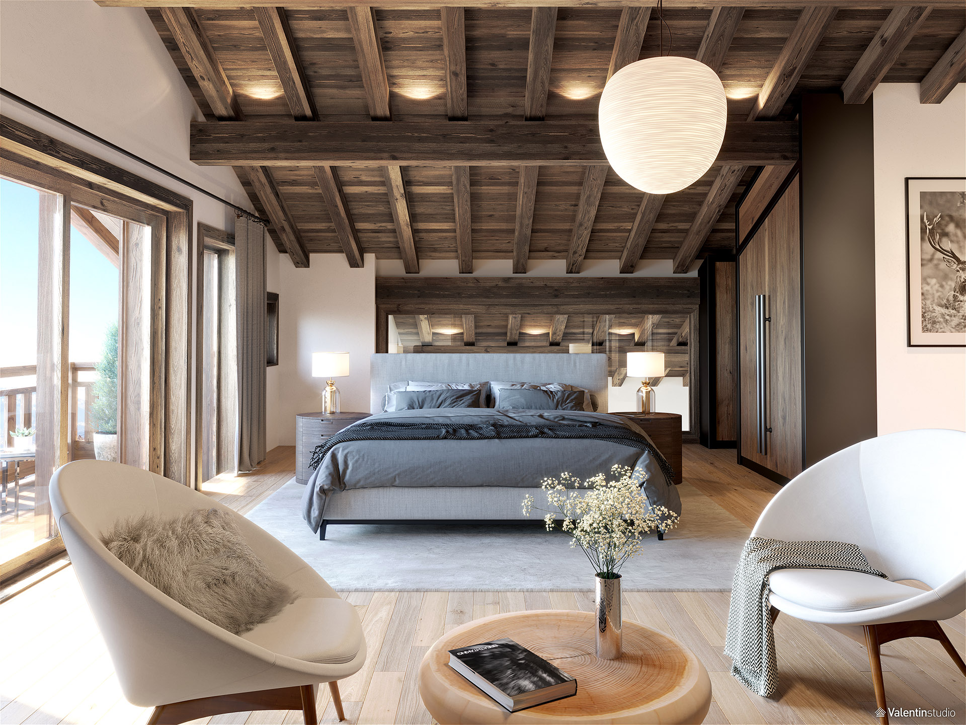 Graphismes 3D d'une chambre moderne de chalet avec coin salon