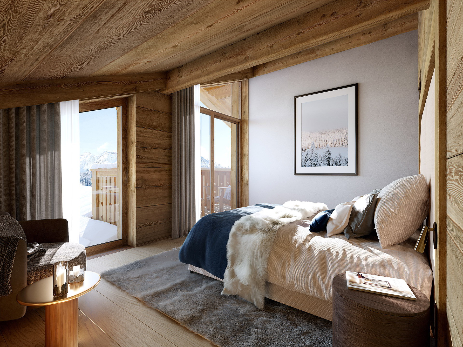 Représentation 3D d'une chambre de chalet à Chamonix 