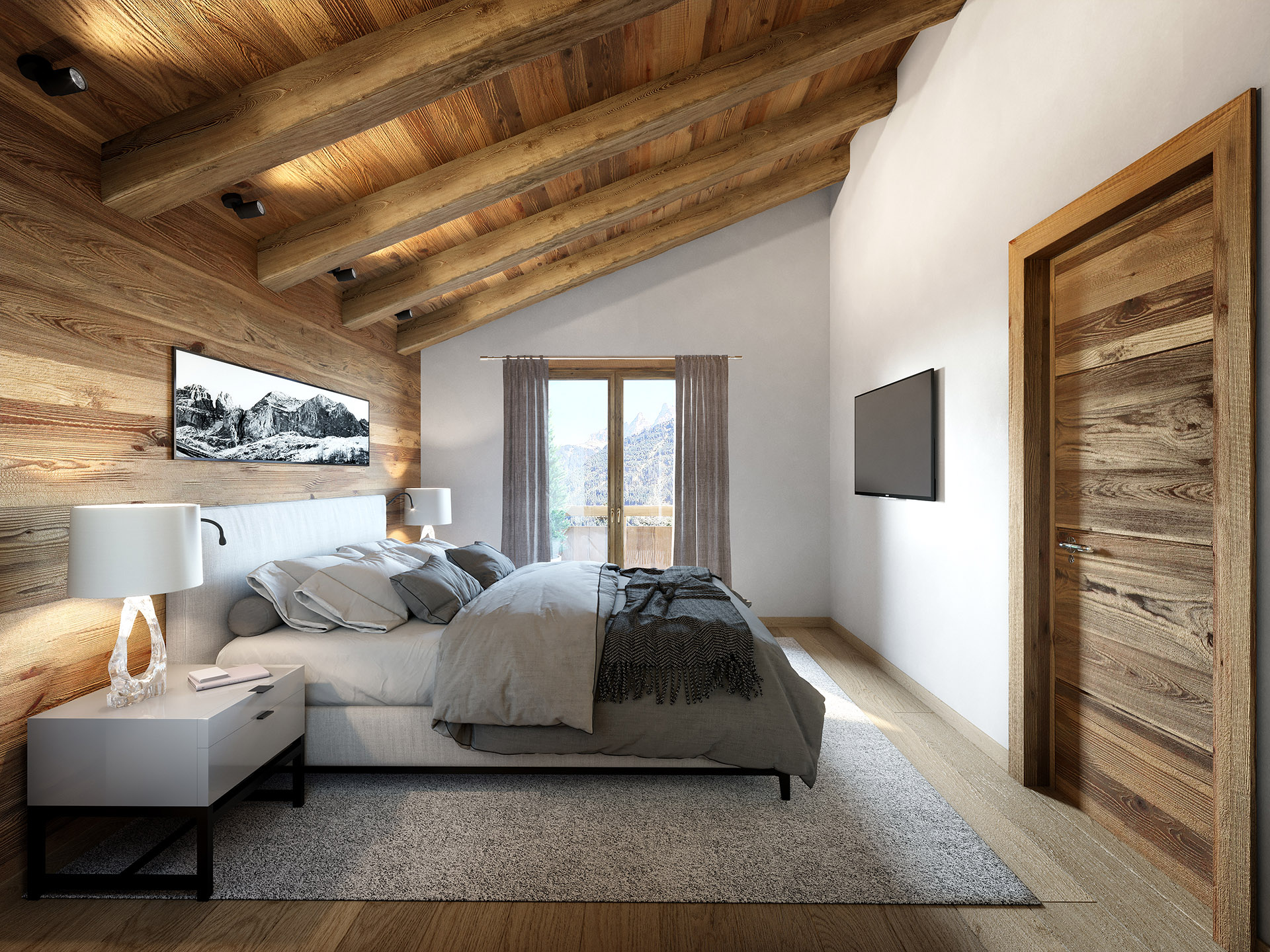 Perspective 3D d'une suite parentale dans un chalet à Courchevel