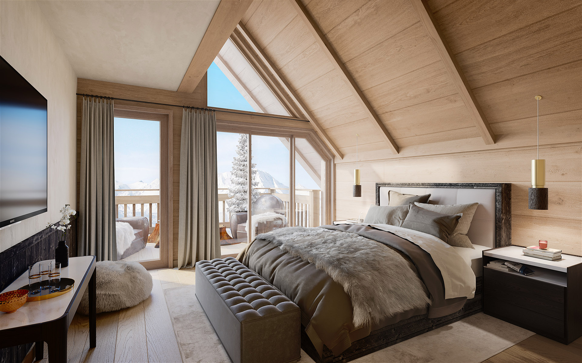 Perspective 3D d'une chambre moderne dans un chalet de montagne