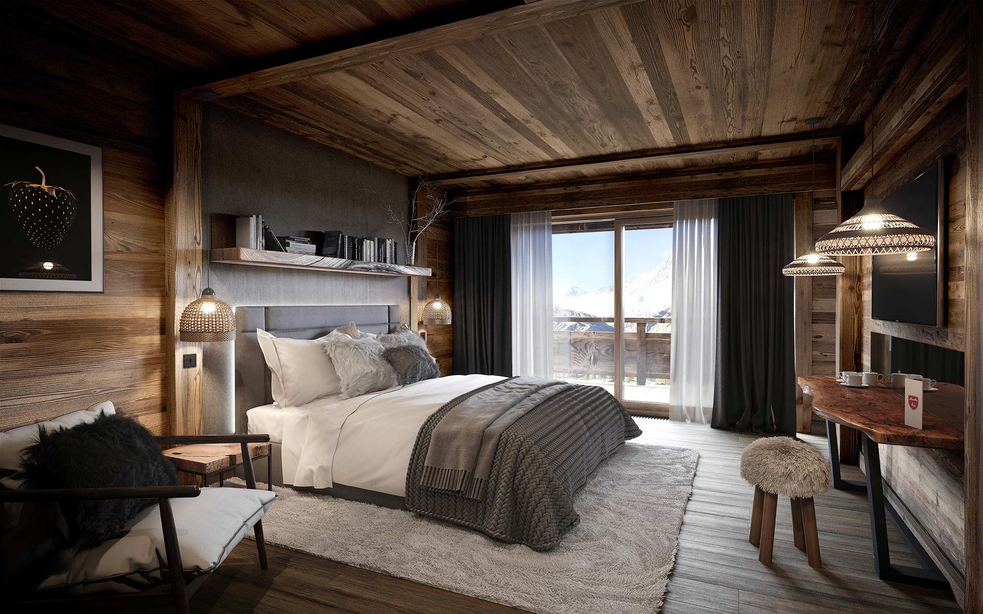 Rendu 3D d'une chambre pour promouvoir un hôtel à Tignes