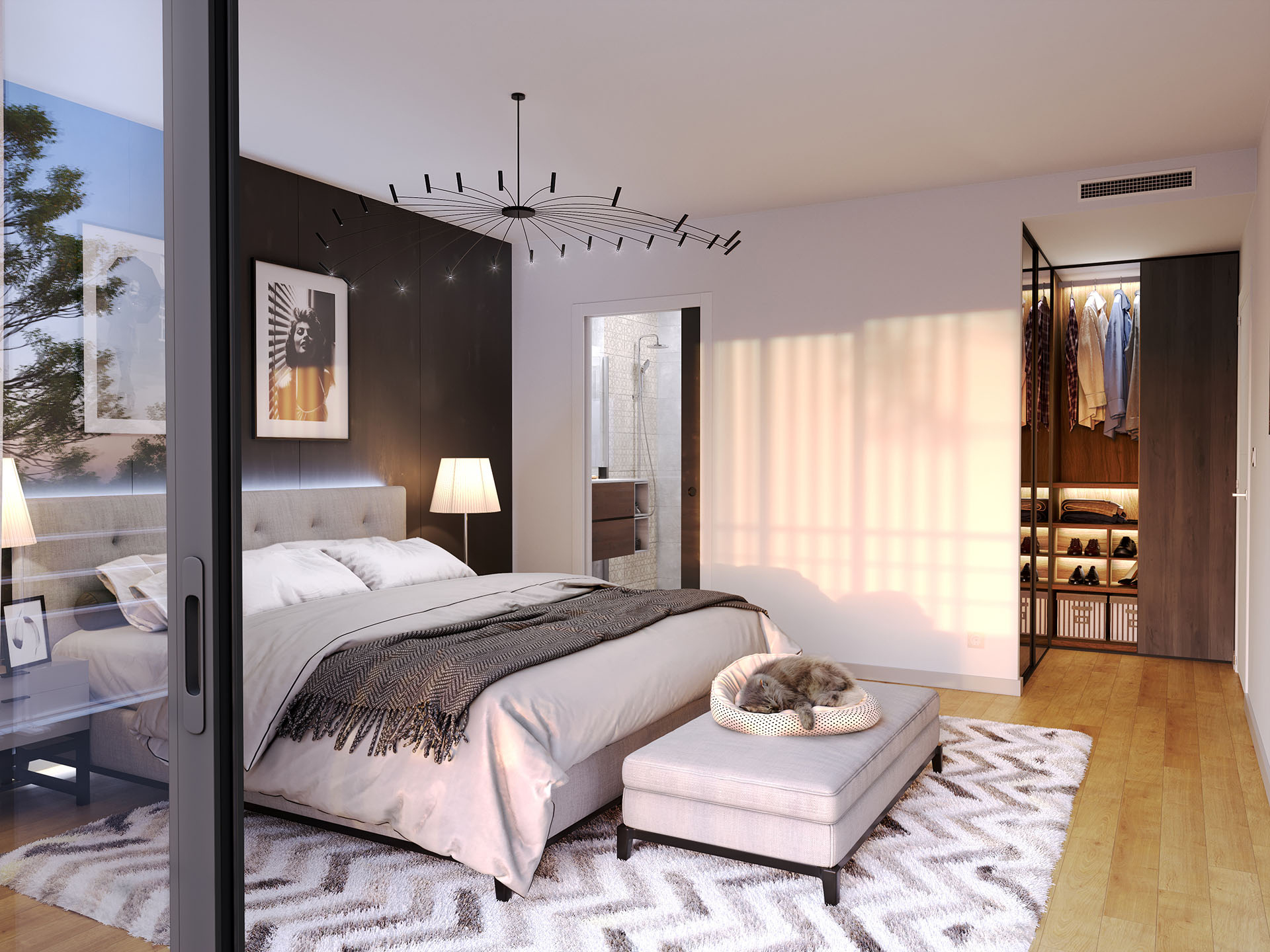 Perspective 3D d'une chambre d'appartement neuf à Carqueiranne