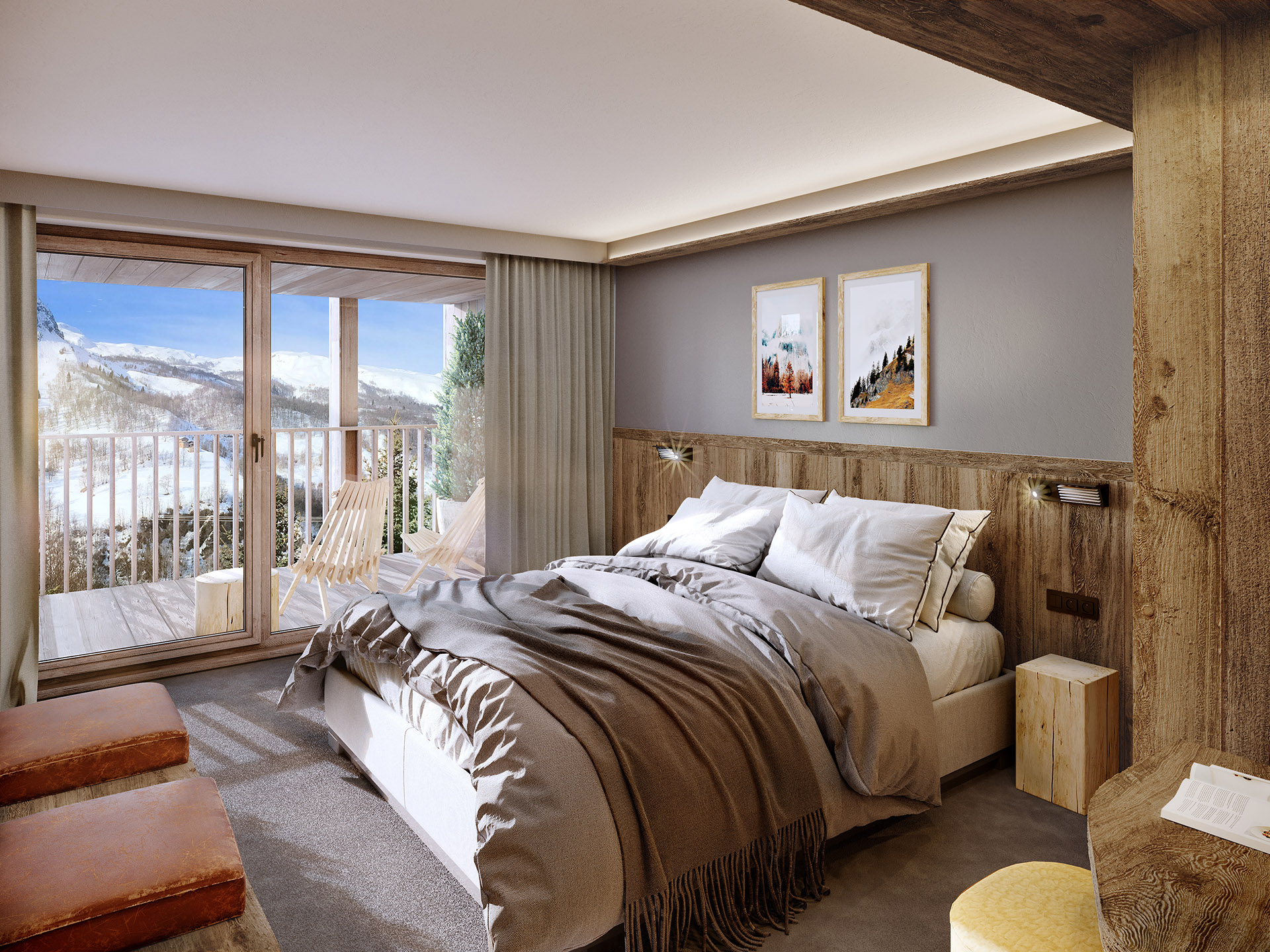 Rendu 3D d'une chambre dans un chalet à Chamonix