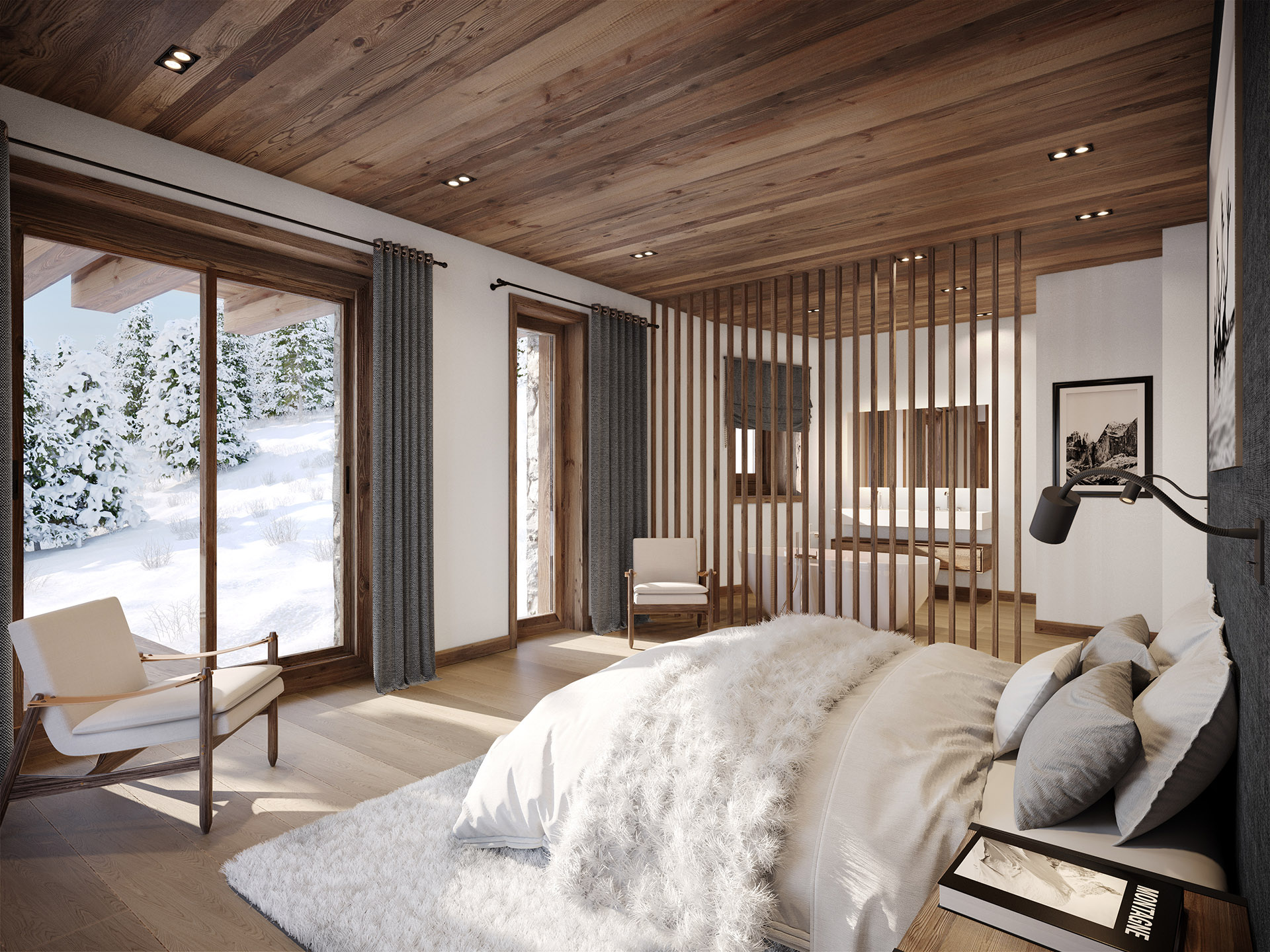 Archviz 3D d'une chambre dans un chalet de montagne