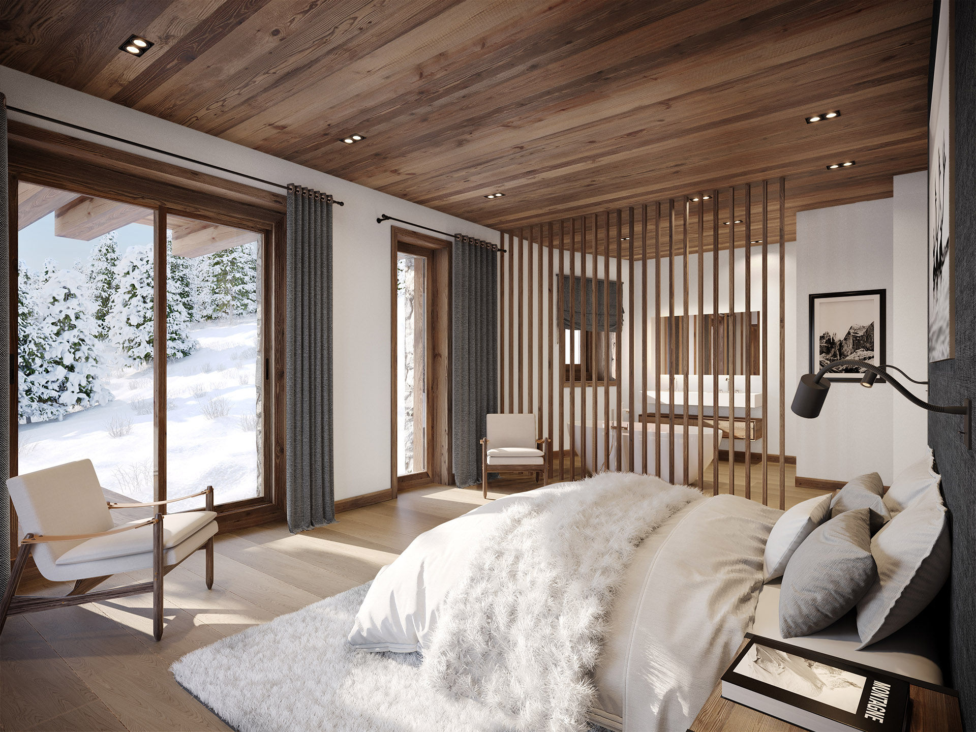 Archviz 3D d'une chambre dans un chalet de montagne