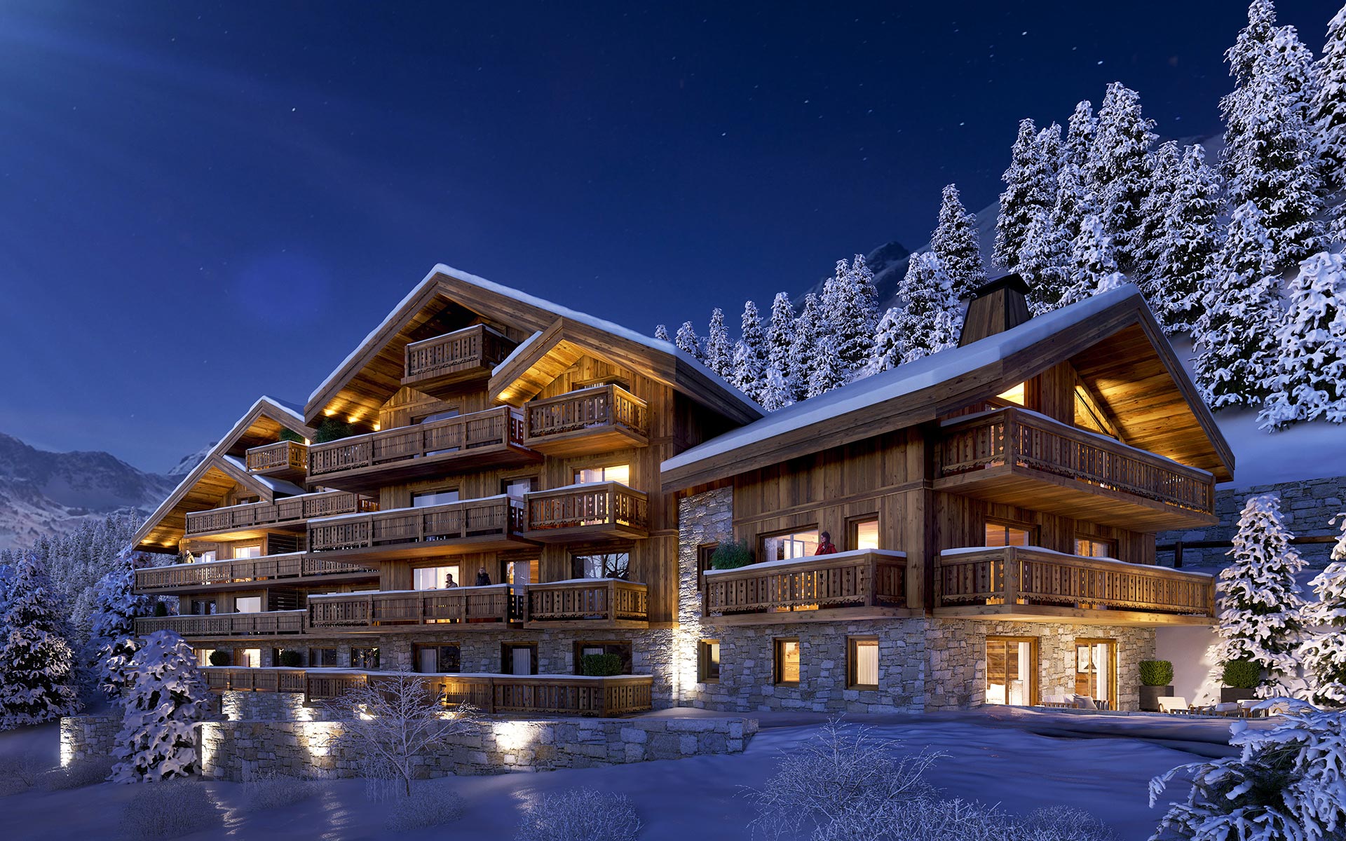 Représentation 3D de nuit d'un chalet de luxe à Megève