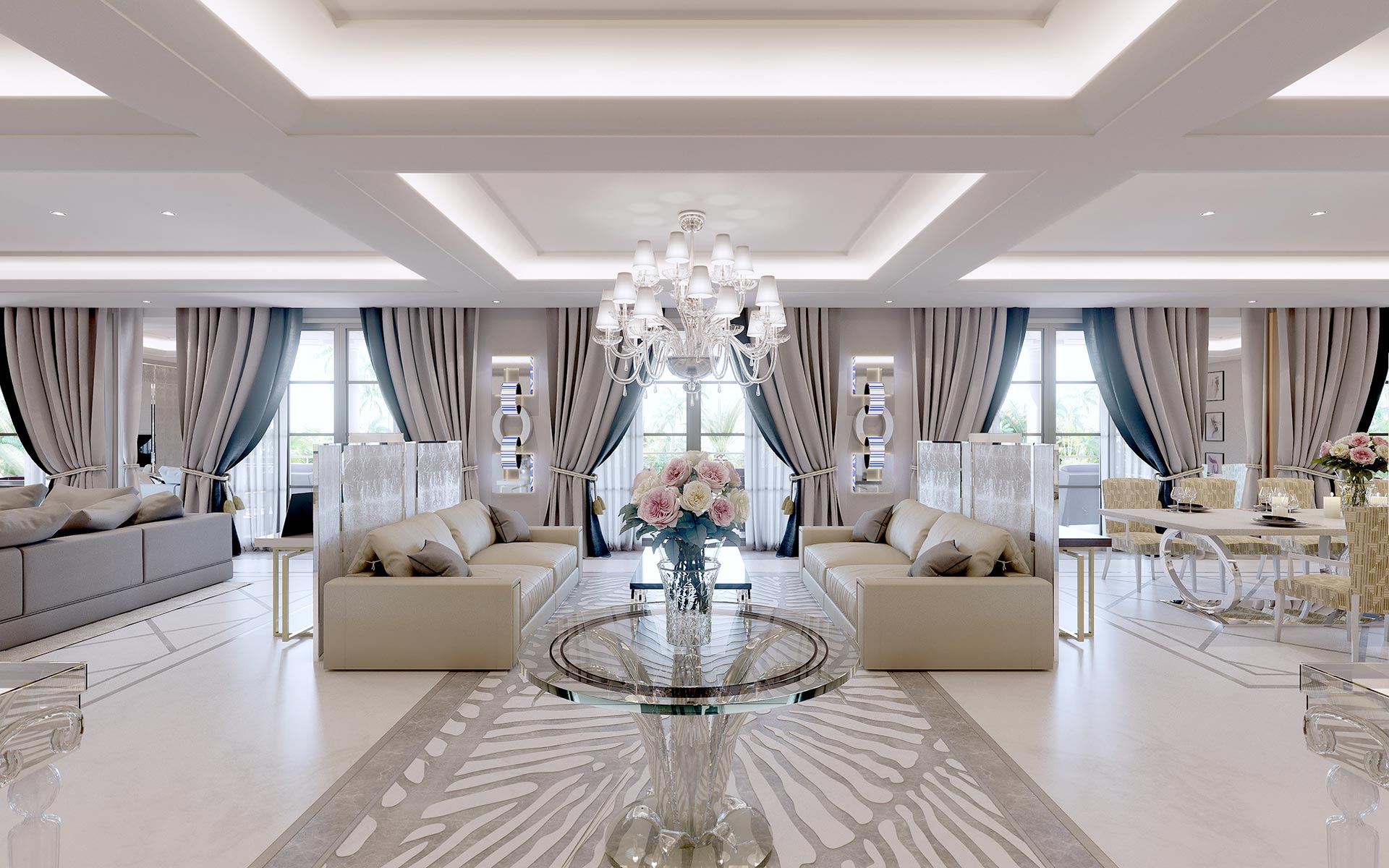 Vue 3D de l'intérieur d'une villa de luxe aux couleurs claires