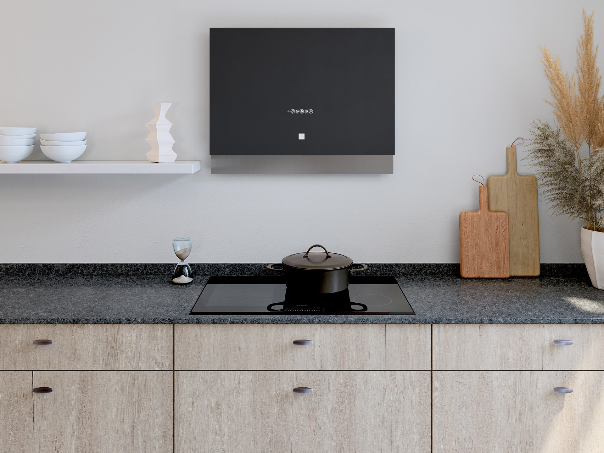 Image 3D du plan de travail d'une cuisine moderne avec plaques de cuisson et hotte