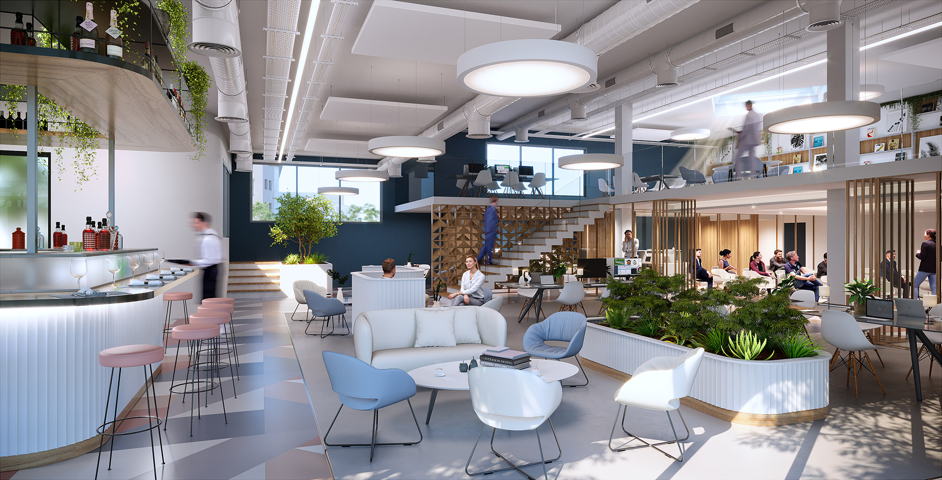 Visualisation 3D d'un espace de détente et de repas moderne en entreprise