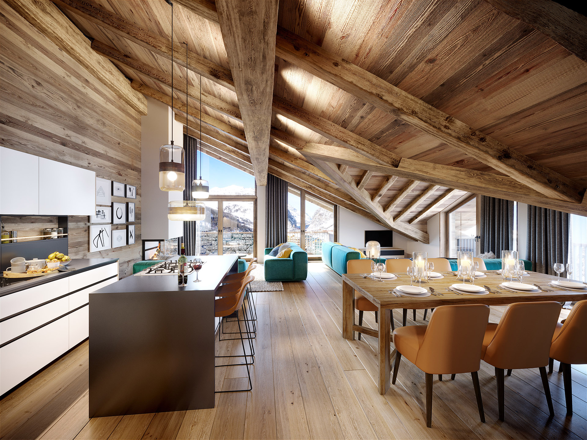 Image de synthèse 3D d'un penthouse dans un chalet de montagne 