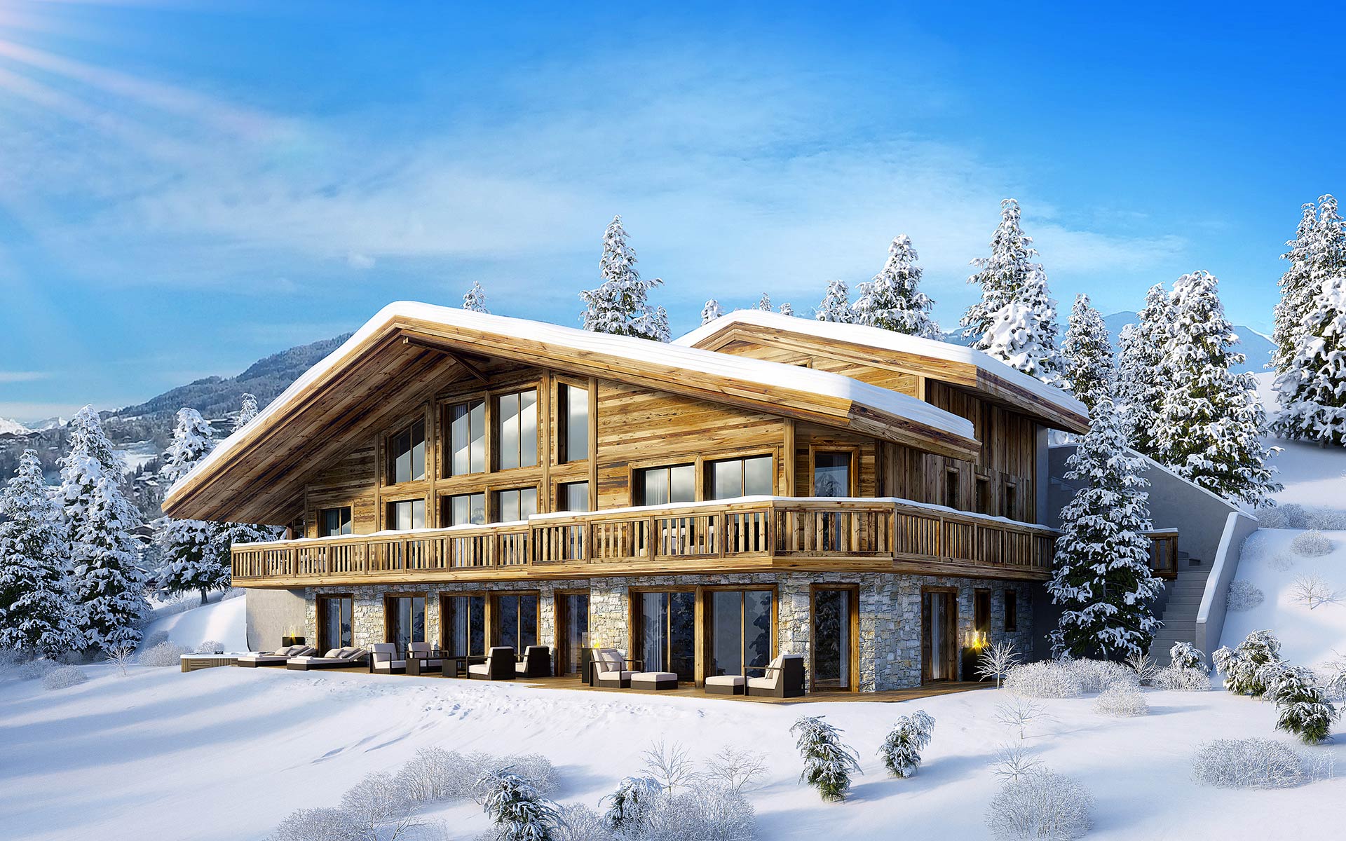 Image de synthèse 3D de l'extérieur d'un chalet à Courchevel