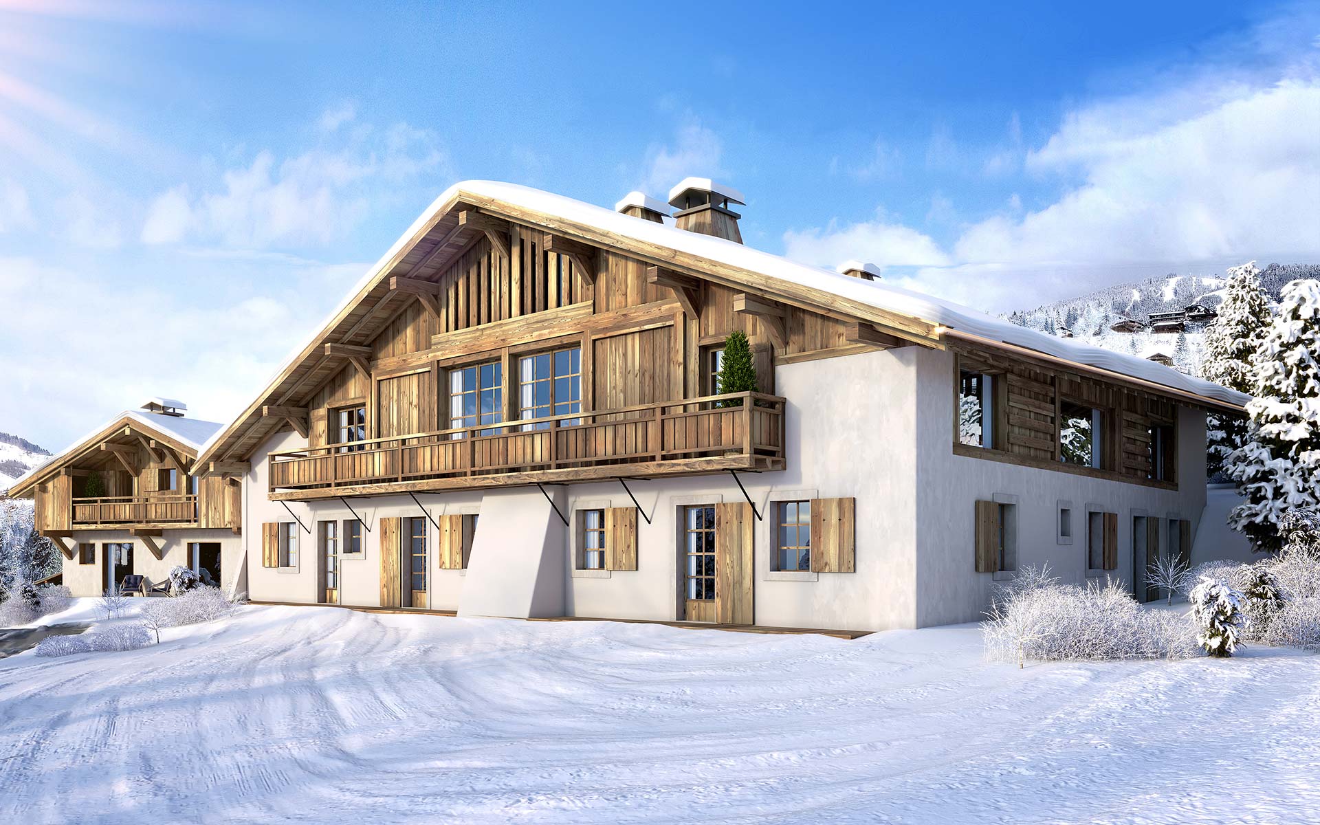 Perspective 3D de l'extérieur d'un chalet à Megève