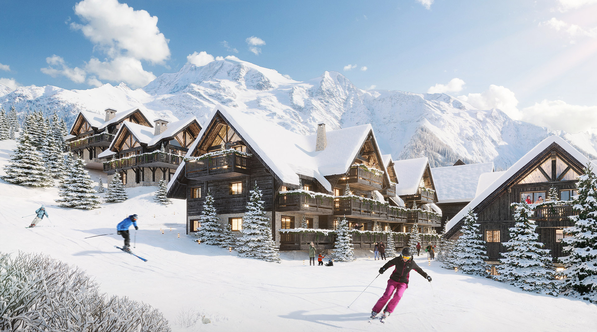 Image de synthèse 3D d'une piste de ski et de chalets en hiver