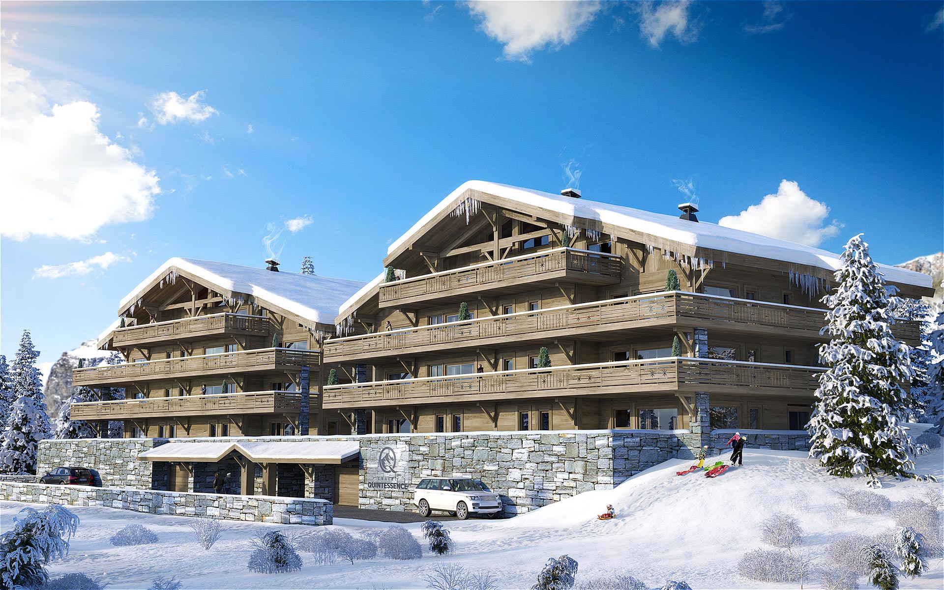 3D architectural visualization of chalet blocks in a snowy environment