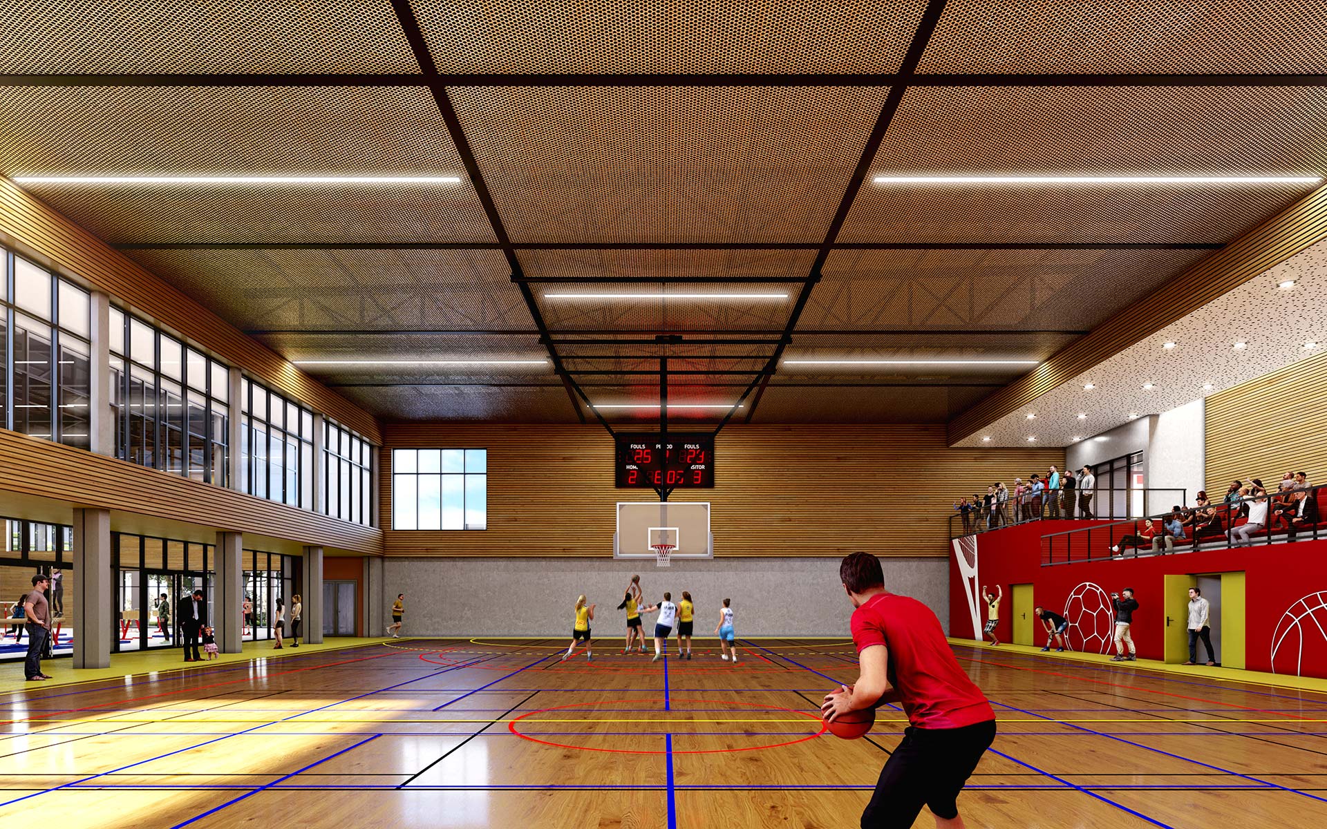 Interior 3D perspective of a big sports hall basketball competition