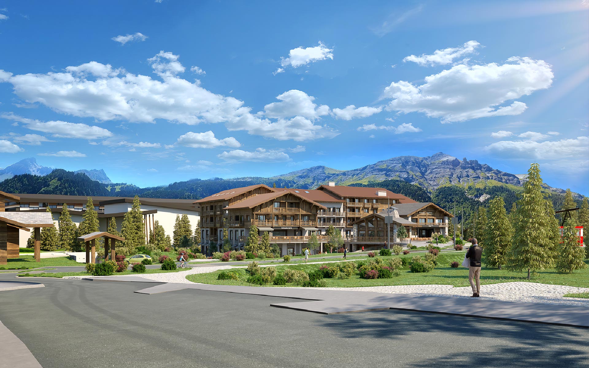 Visualisation 3D d'un complexe hôtellier à Megève dans un paysage de montagne
