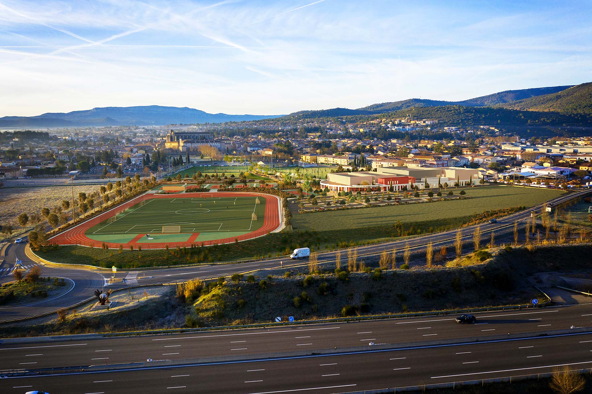 3D insertion in a real landscape of a sports centre made for a visualization contest