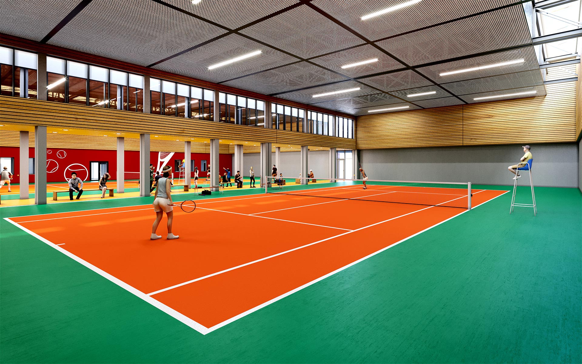 Perspective 3D d'intérieur d'une salle de tennis pour un concours