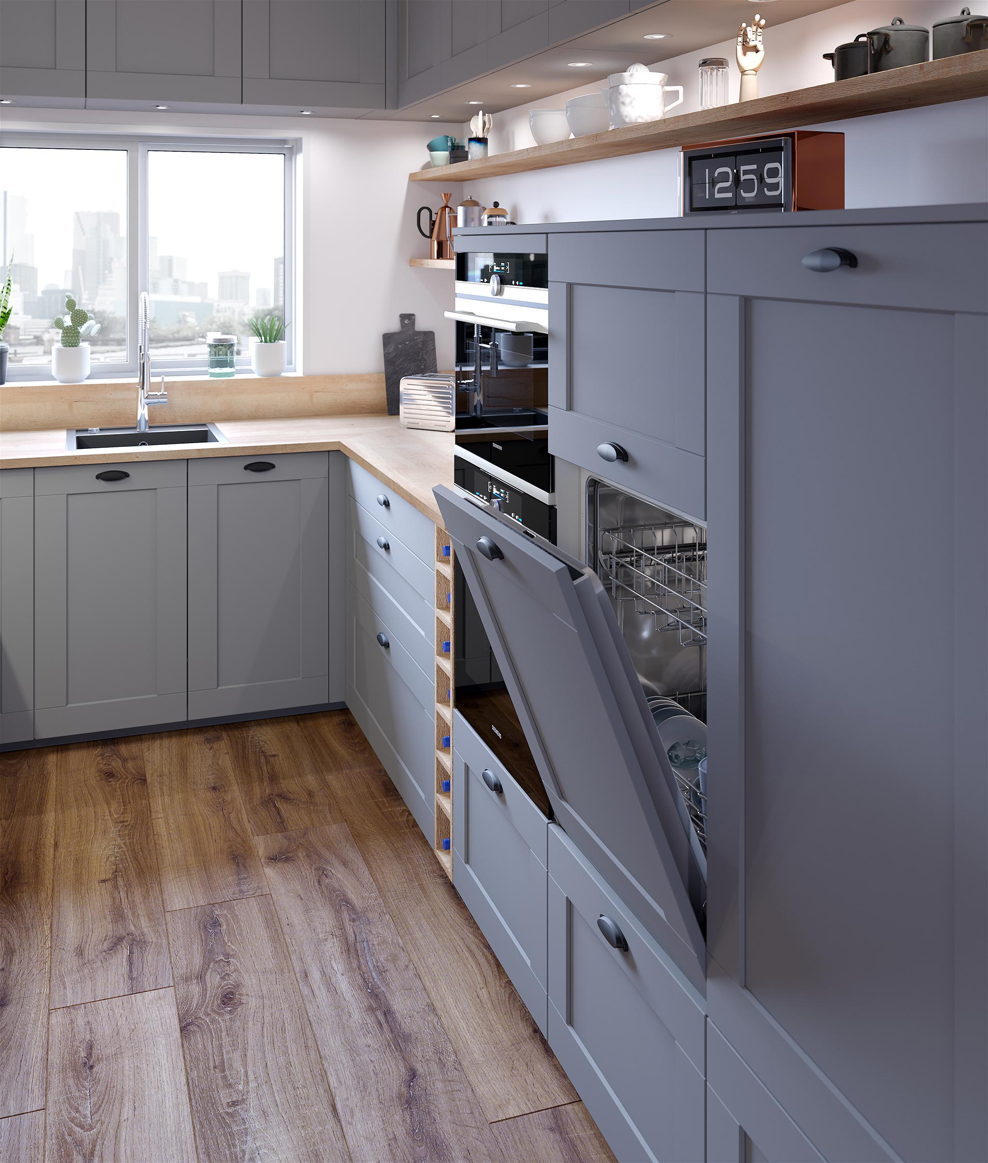 3D perspective of a dishwasher in a brooklyn style kitchen