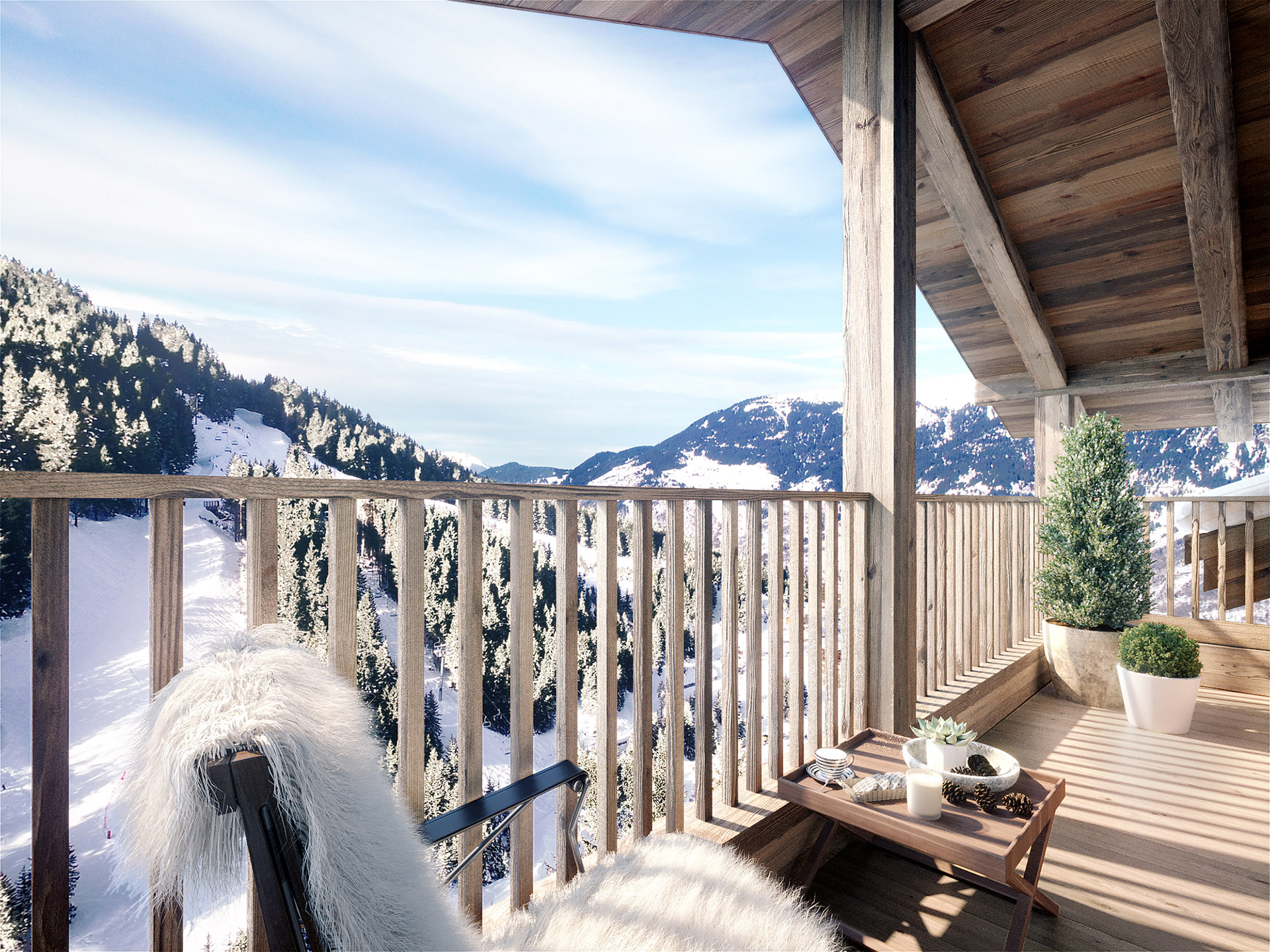 Infographie 3D de la terrasse d'un chalet de montagne