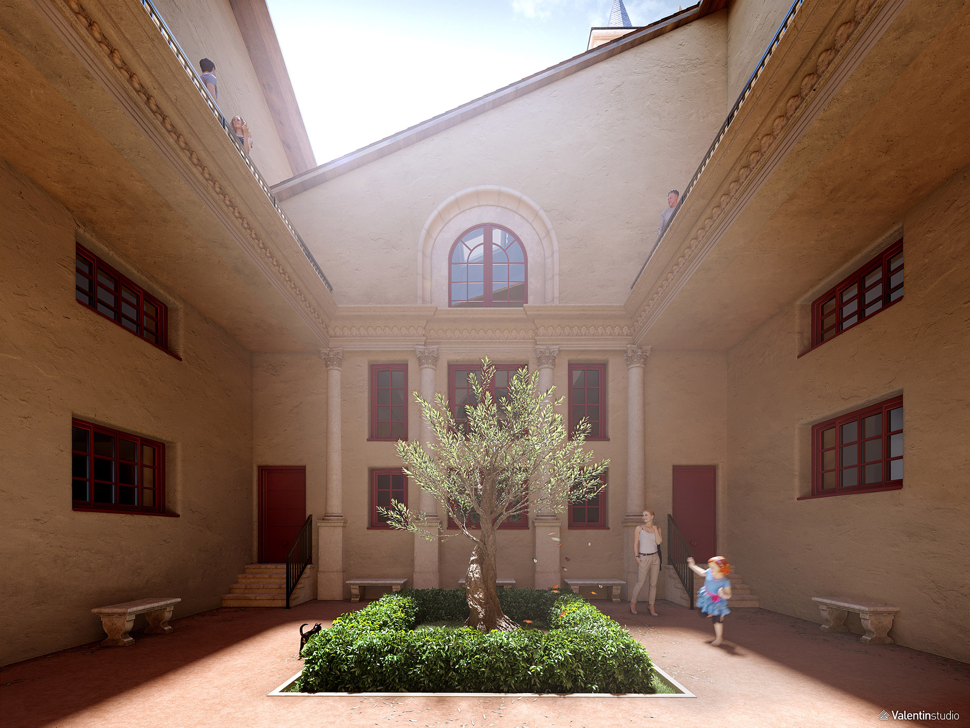 Représentation 3D du patio d'un couvent avec un espace végétal au centre