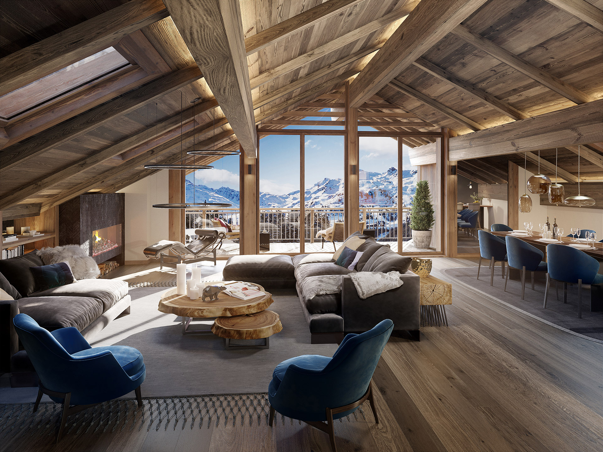 Image de synthèse 3D d'un appartement dans un chalet de montagne