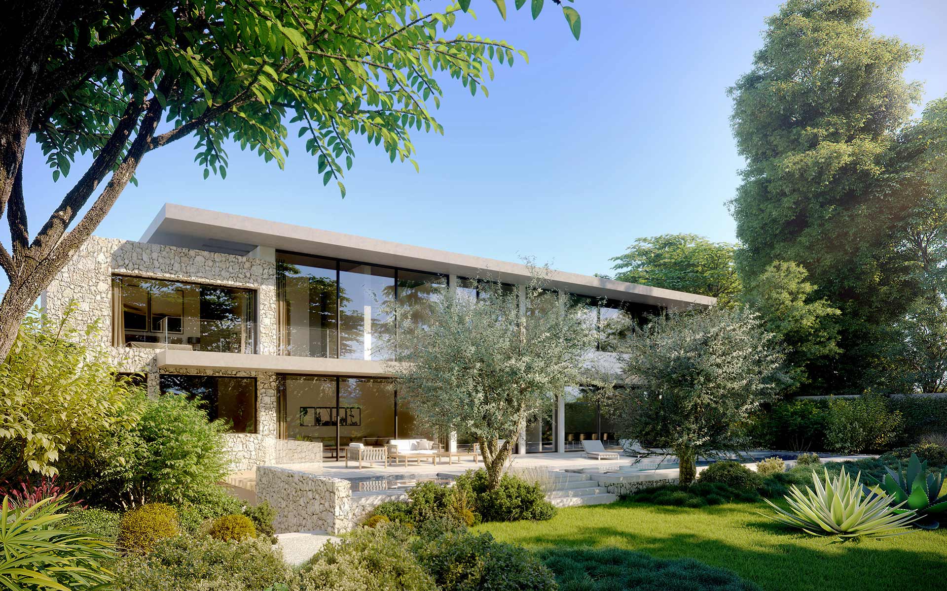 Réalisation 3D de perspective d'un jardin de villa pour un projet immobilier