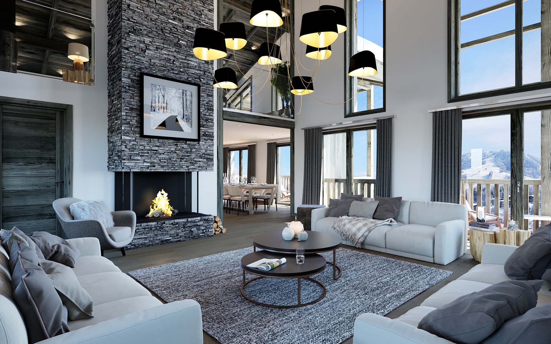 Réalisation d'une perspective 3D d'un appartement à Courchevel par l'agence de création 3D Valentin Studio.