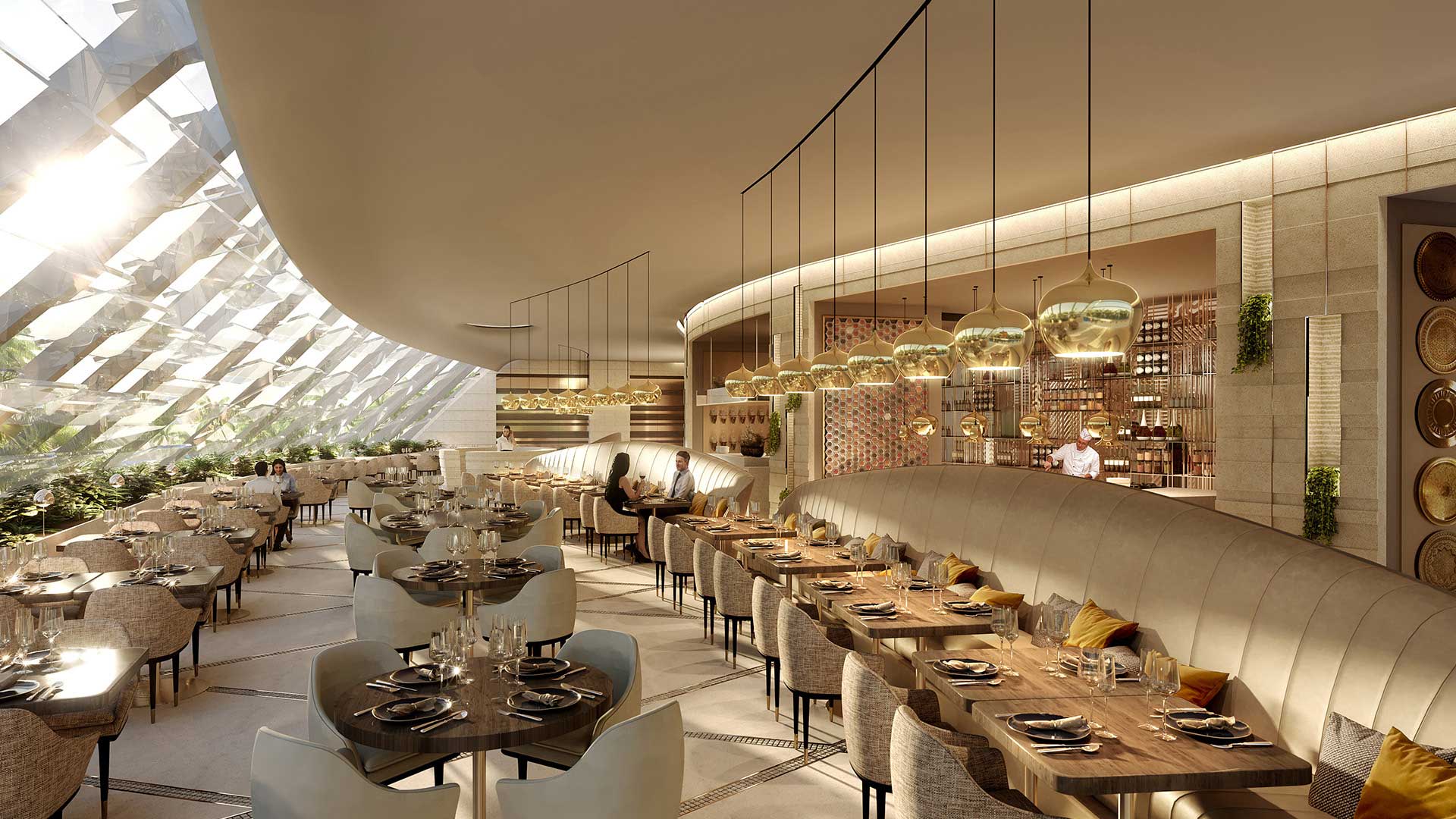 Photo d'une perspective d'un restaurant en 3D réalisée par Valentin Studio.