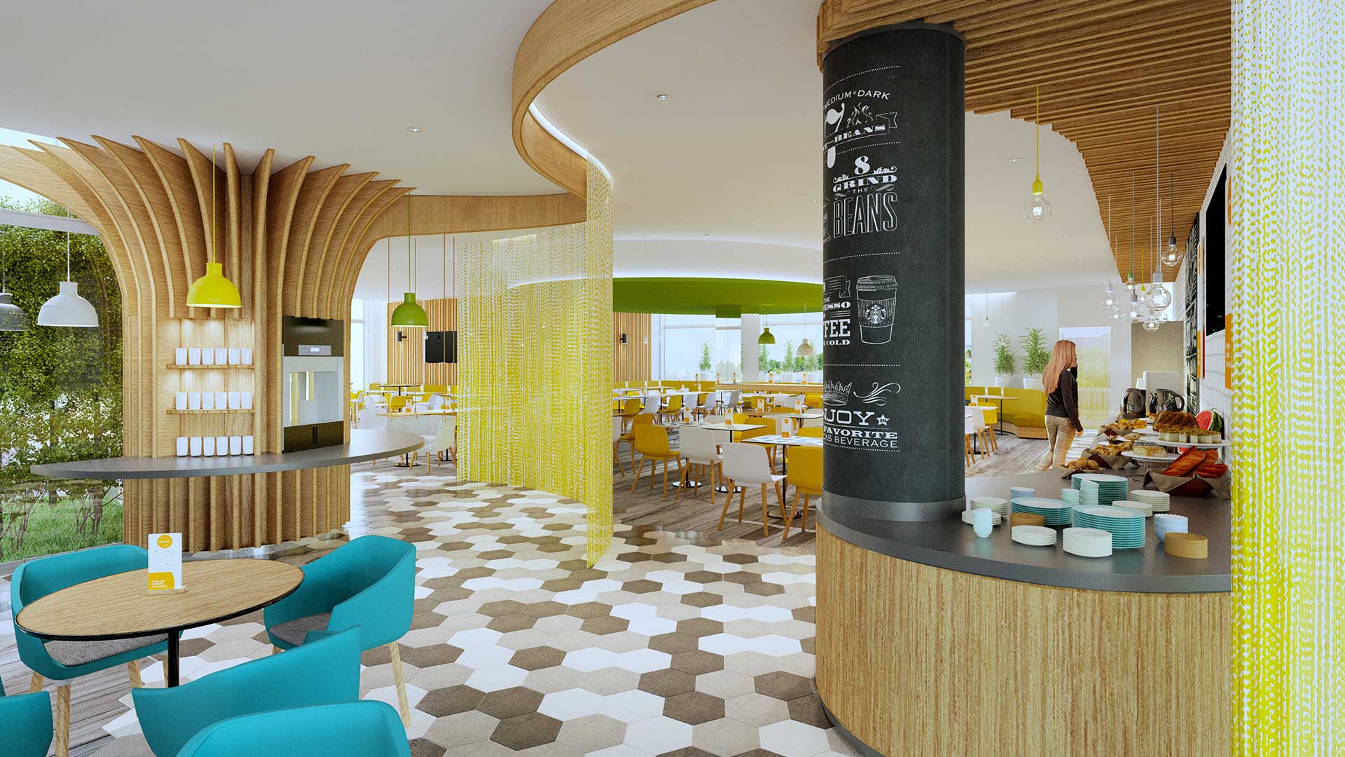 Photo de rendu 3D restaurant en image de synthèse.