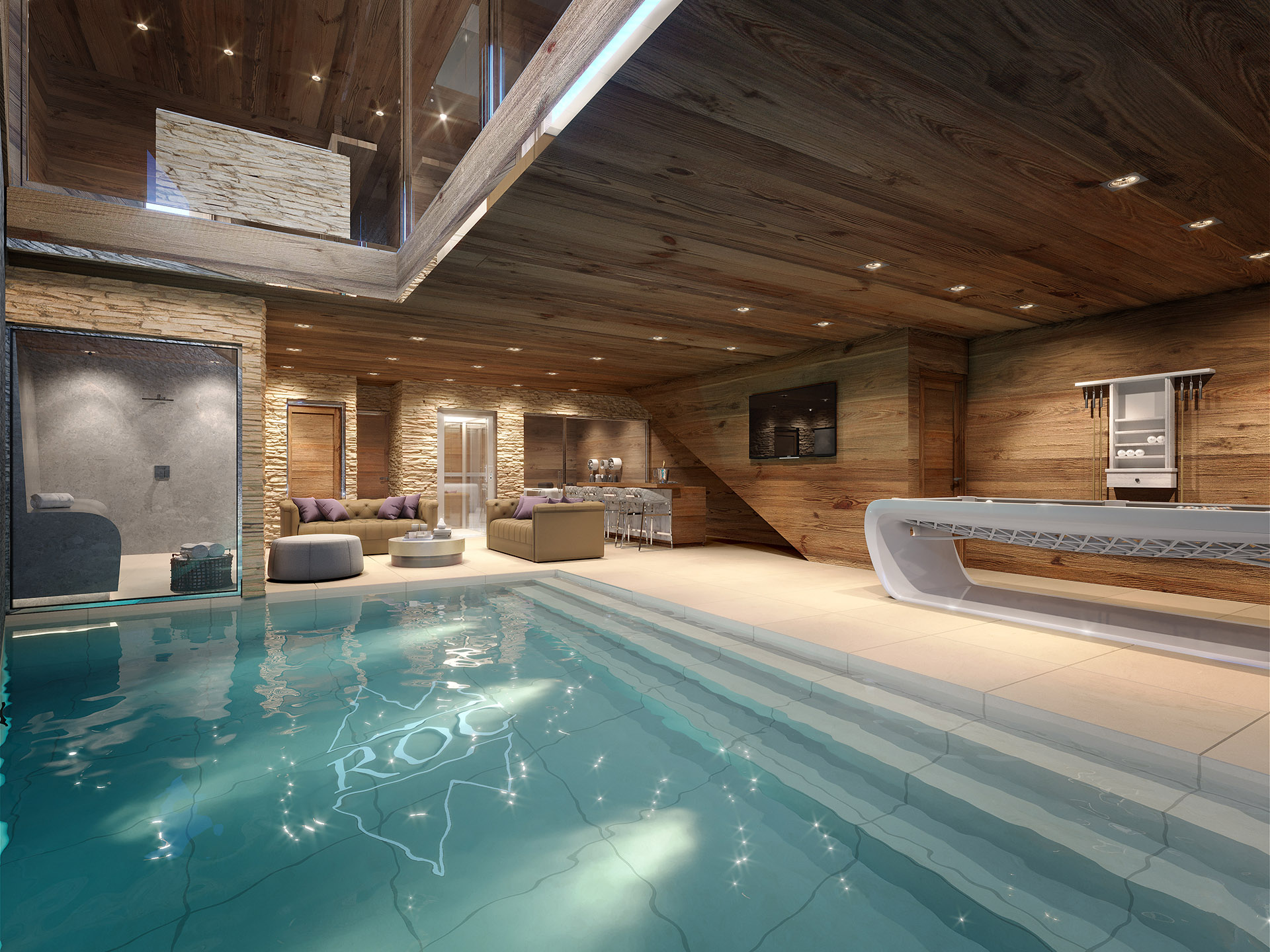 Représentation 3D photoréaliste d'une piscine intérieure dans un chalet luxueux