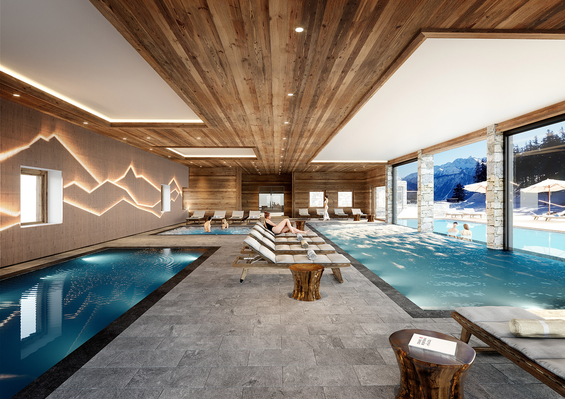 Image 3D d'un spa et d'une piscine à l'intérieur d'un chalet, avec des personnages