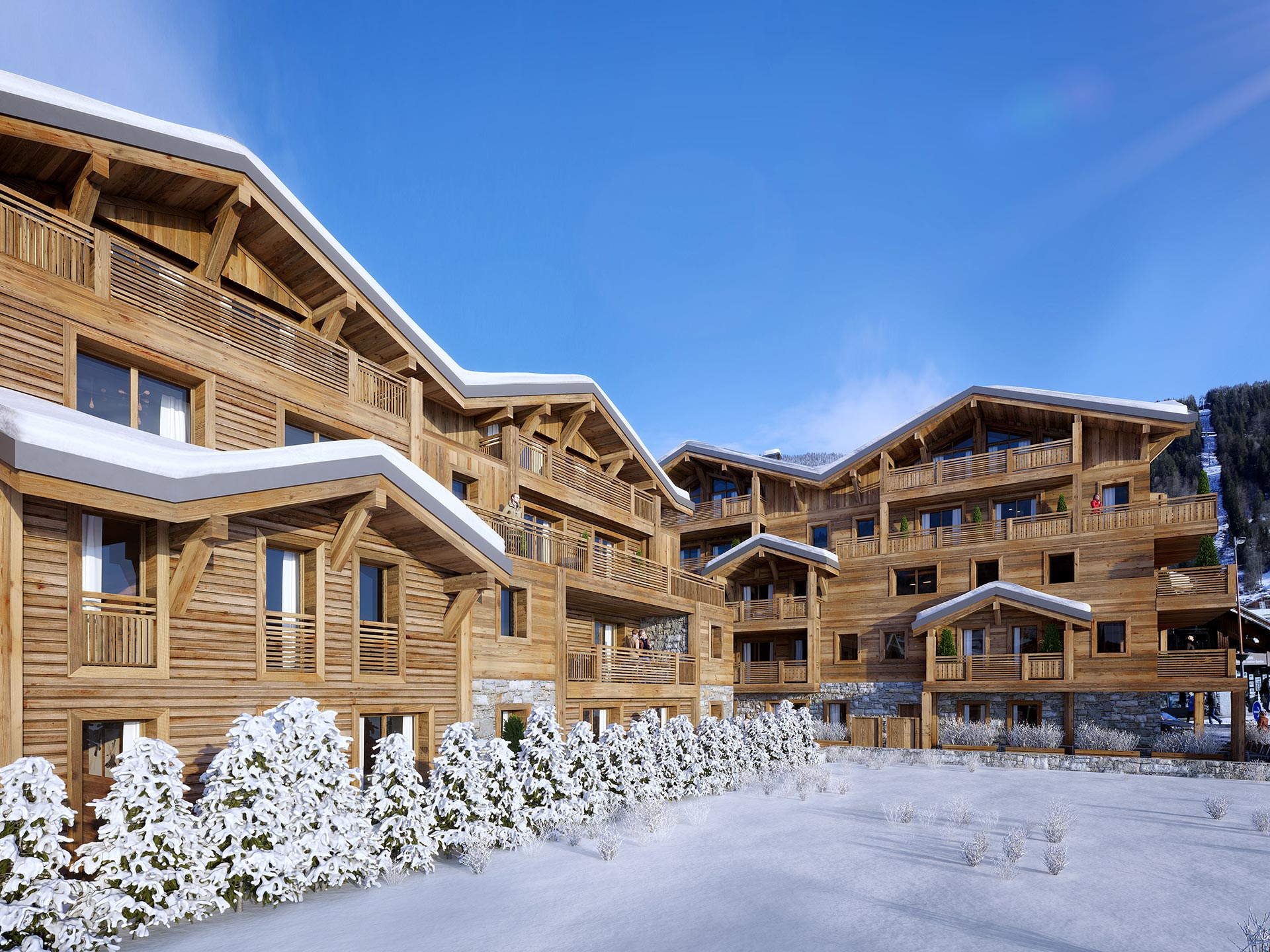 Réalisation 3D - Perspective de l'extérieur d'un chalet-resort de montagne